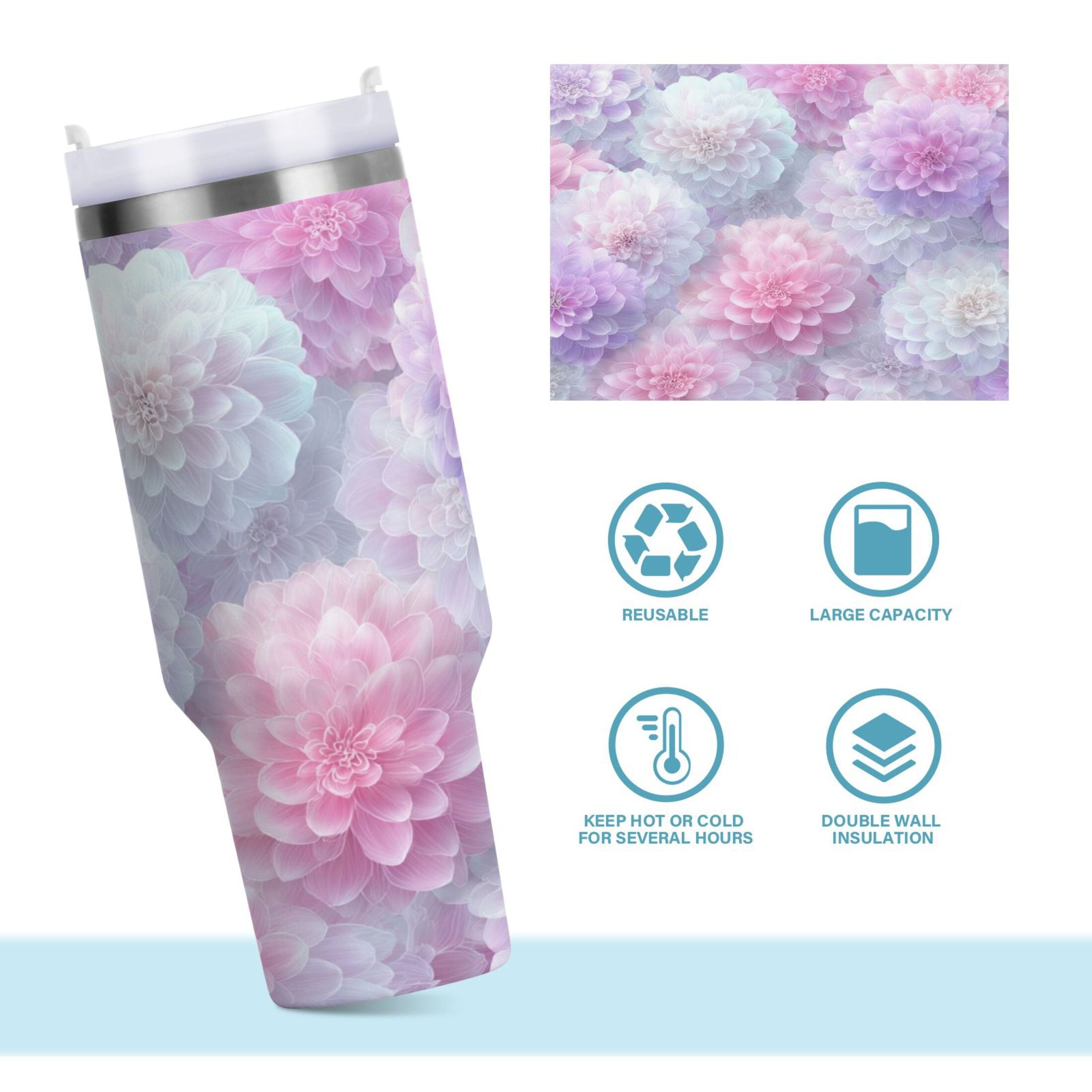 30 oz Insulated Stainless Steel Tumbler Double Wall Stainless Steel Tumbler with 2-Way Drinking Cute Pastel Watercolor Floral M578H