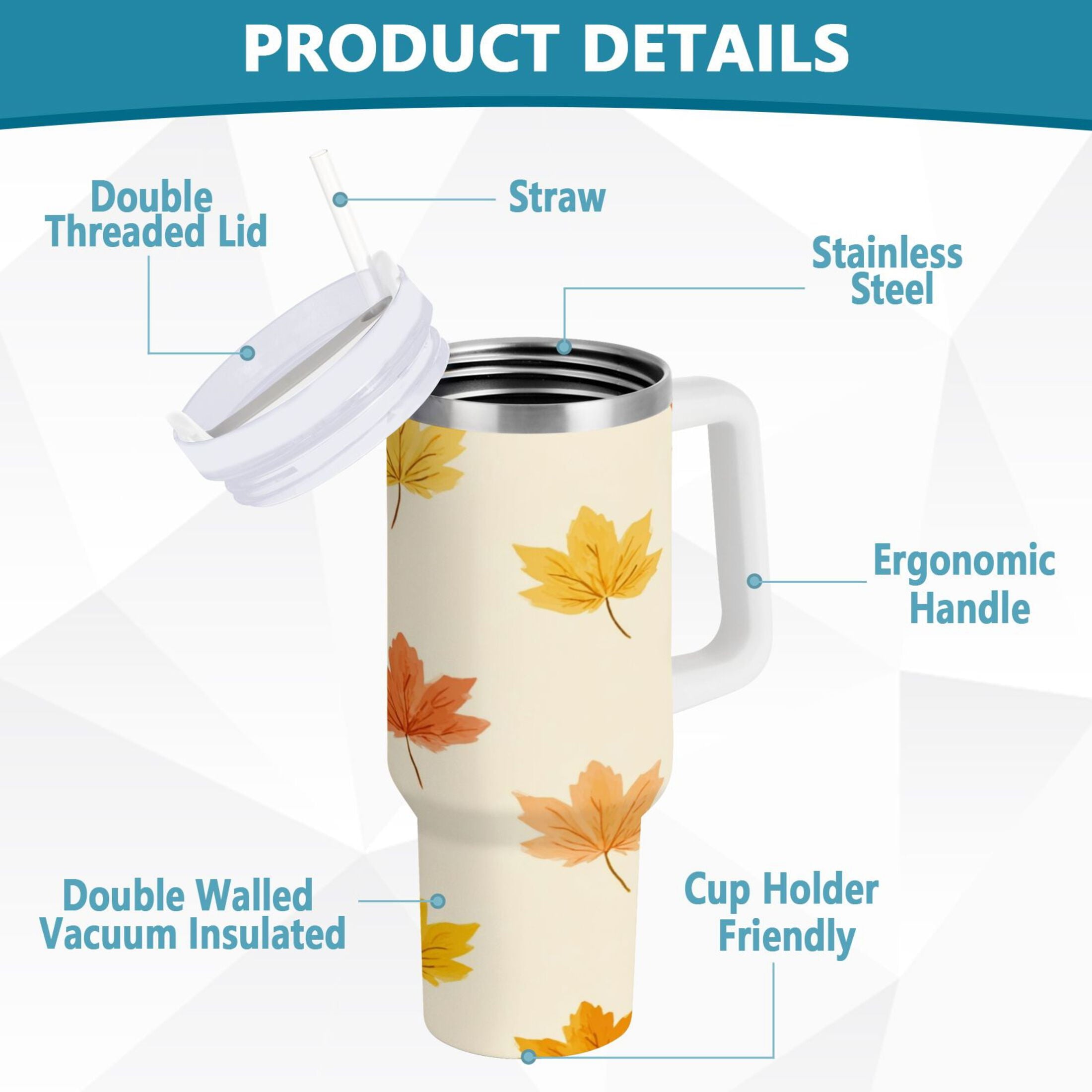 40 oz Insulated Stainless Steel Tumbler Double Wall Stainless Steel Tumbler with 2-Way Drinking Yellow Maple Leaves Pattern M483K