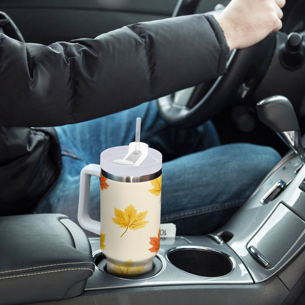 40 oz Insulated Stainless Steel Tumbler Double Wall Stainless Steel Tumbler with 2-Way Drinking Yellow Maple Leaves Pattern M483K