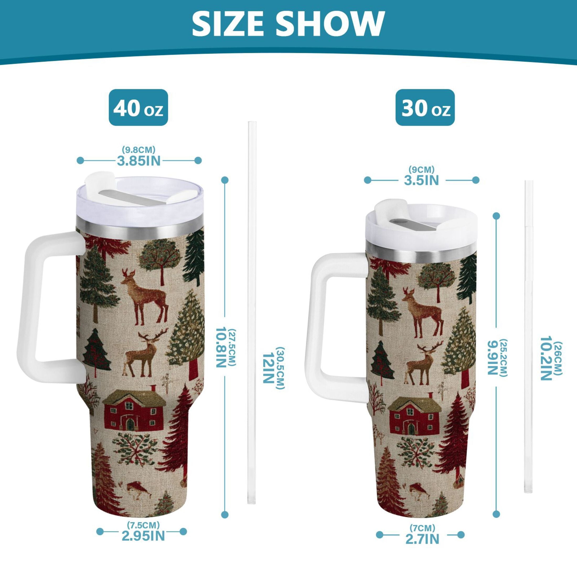 30 oz Insulated Stainless Steel Tumbler Double Wall Stainless Steel Tumbler with 2-Way Drinking Christmas Trees Deer and Houses M577F