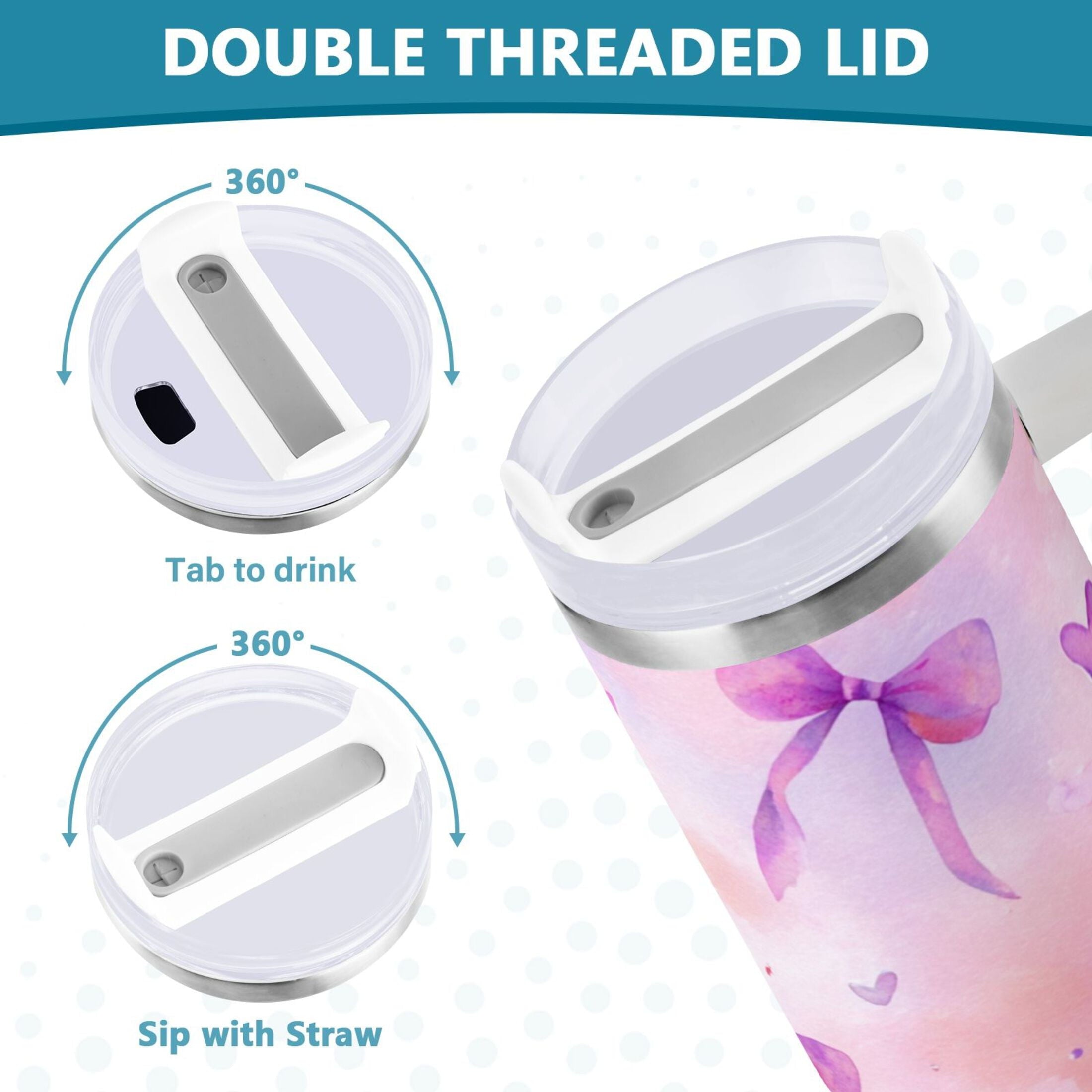 30 oz Insulated Stainless Steel Tumbler Double Wall Stainless Steel Tumbler with 2-Way Drinking Watercolor Purple Bows M591S