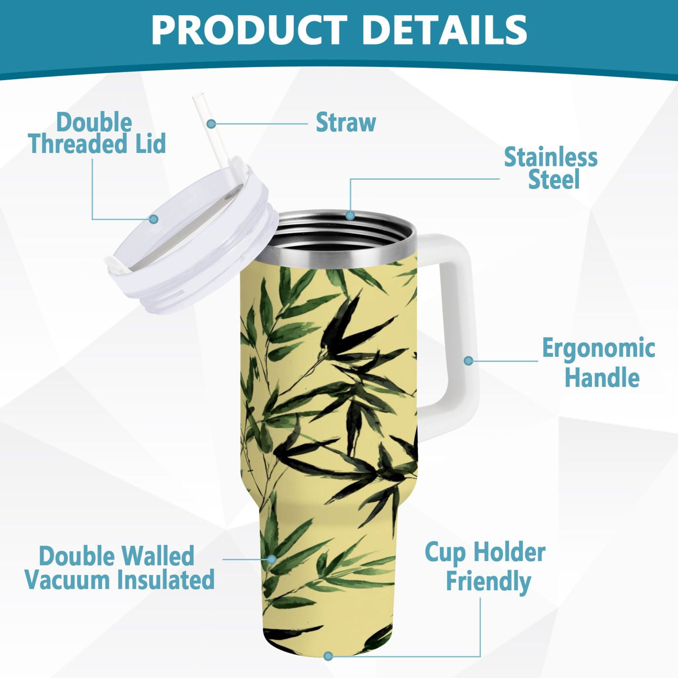 30 oz Insulated Stainless Steel Tumbler Double Wall Stainless Steel Tumbler with 2-Way Drinking Bamboo and Green Leaves M633V