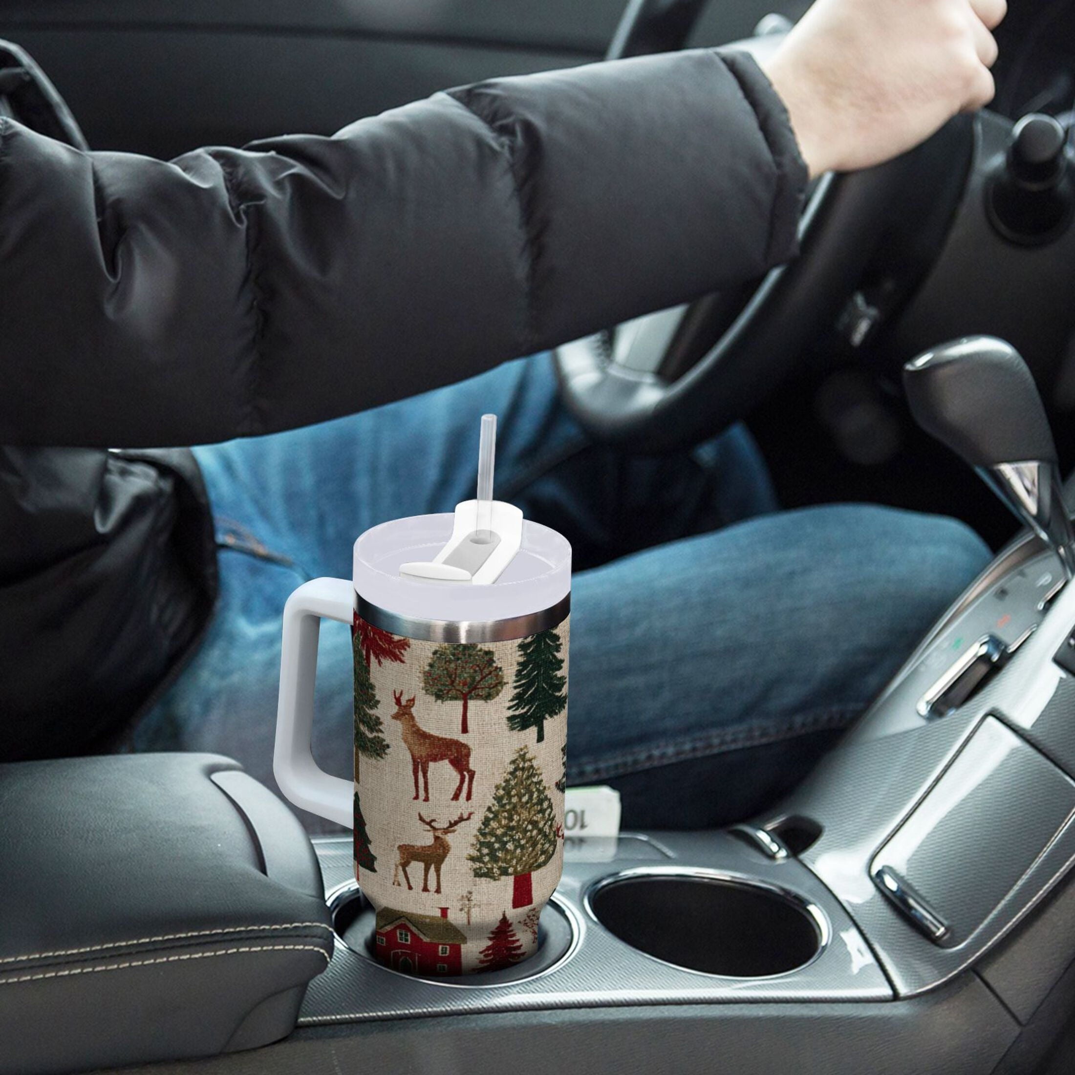 30 oz Insulated Stainless Steel Tumbler Double Wall Stainless Steel Tumbler with 2-Way Drinking Christmas Trees Deer and Houses M577F