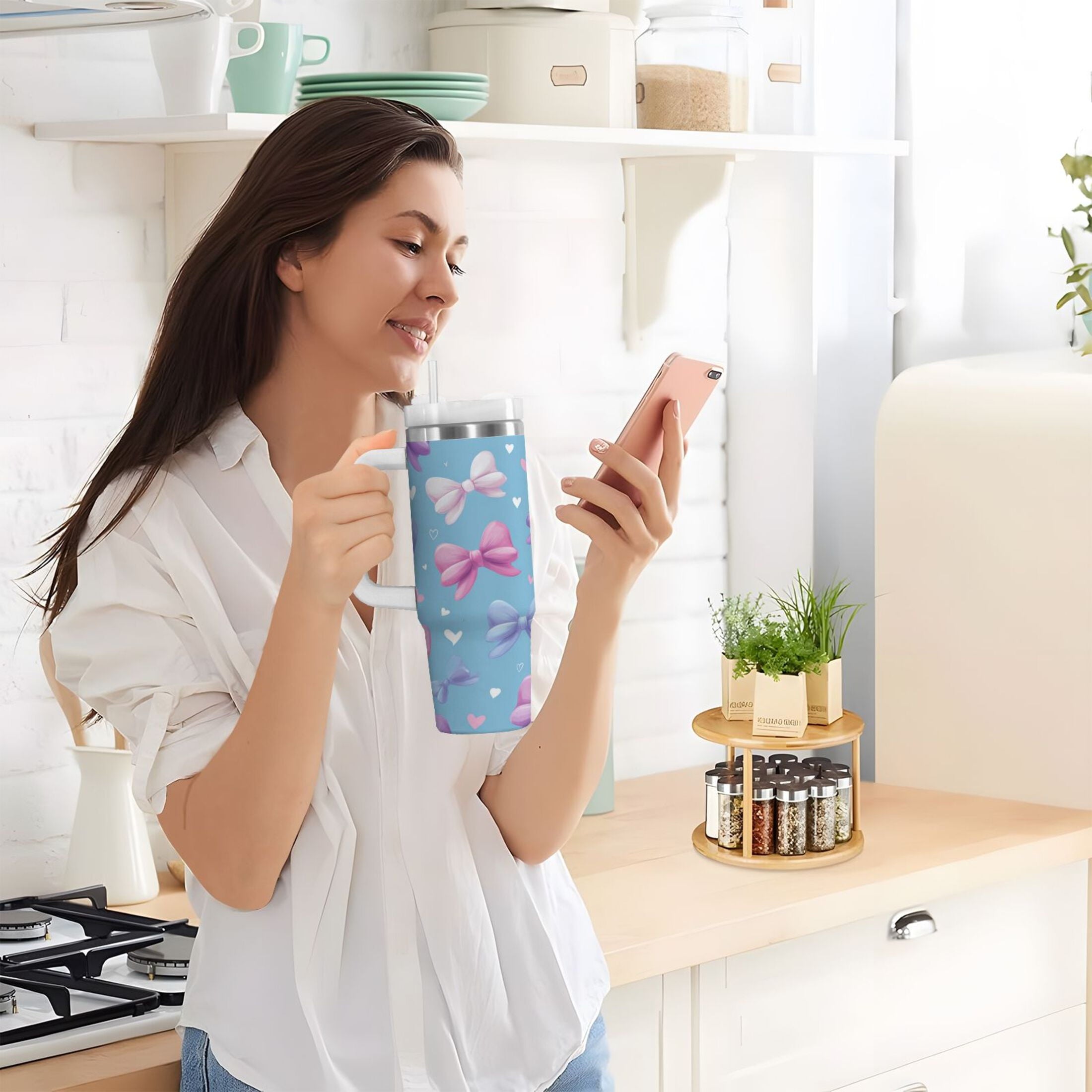 30 oz Insulated Stainless Steel Tumbler Double Wall Stainless Steel Tumbler with 2-Way Drinking Pink and Purple Bows M526E