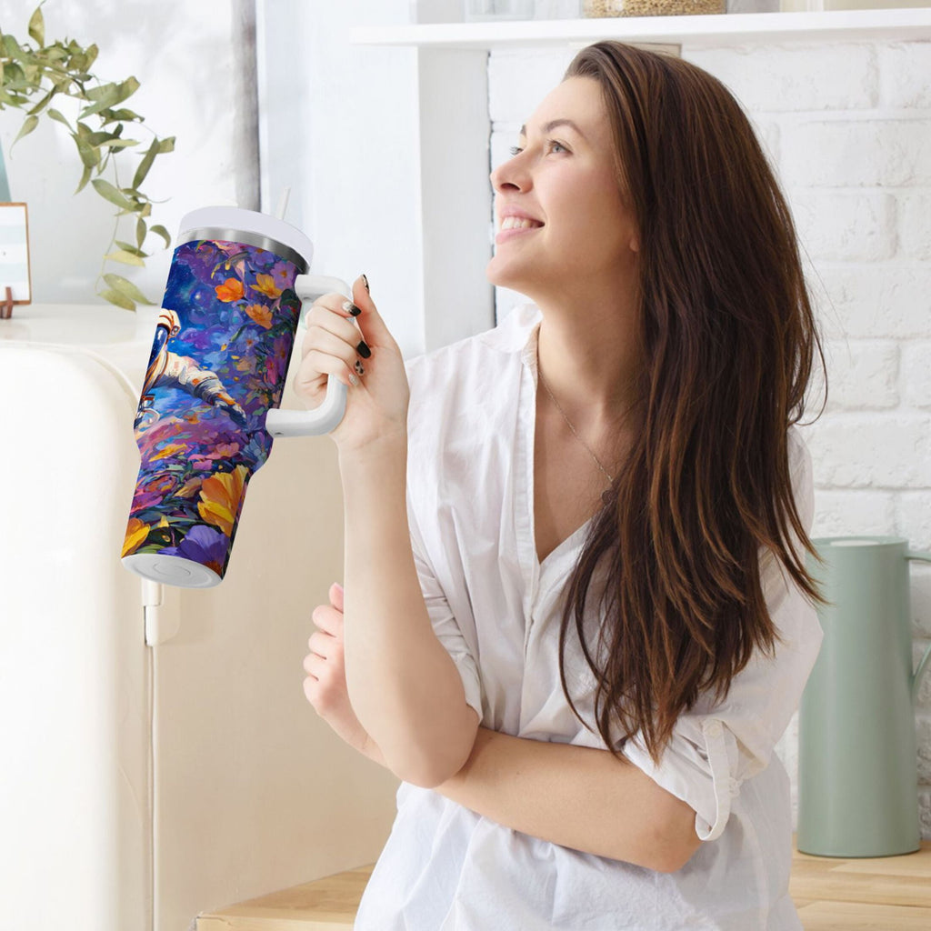 40 oz Insulated Stainless Steel Tumbler Double Wall Stainless Steel Tumbler with 2-Way Drinking Astronaut and Colorful Flowers M562S