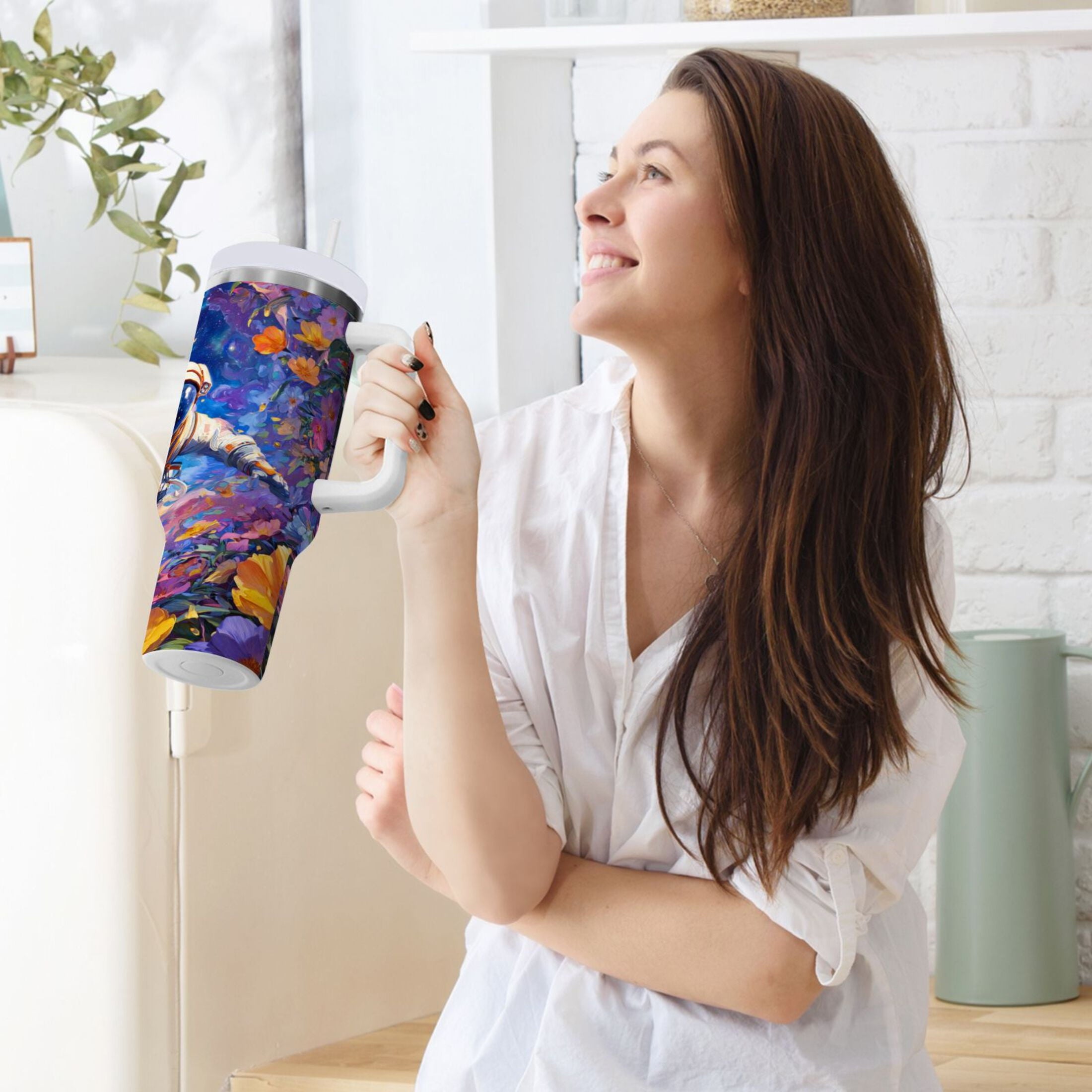 40 oz Insulated Stainless Steel Tumbler Double Wall Stainless Steel Tumbler with 2-Way Drinking Astronaut and Colorful Flowers M562S