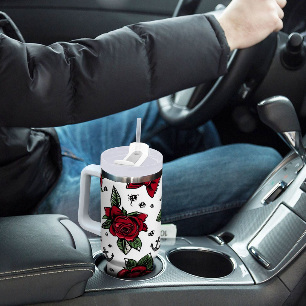 40 oz Insulated Stainless Steel Tumbler Double Wall Stainless Steel Tumbler with 2-Way Drinking Red Roses and Cherries M599Q