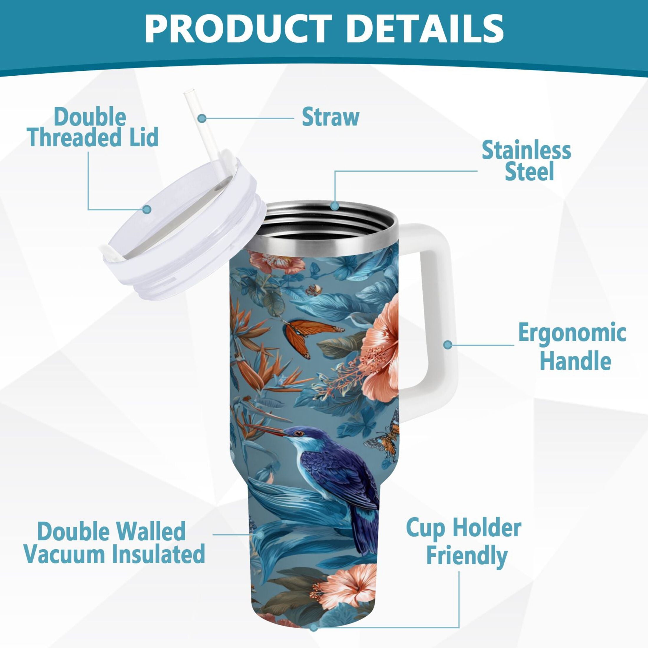 30 oz Insulated Stainless Steel Tumbler Double Wall Stainless Steel Tumbler with 2-Way Drinking Birds and Flowers M552X