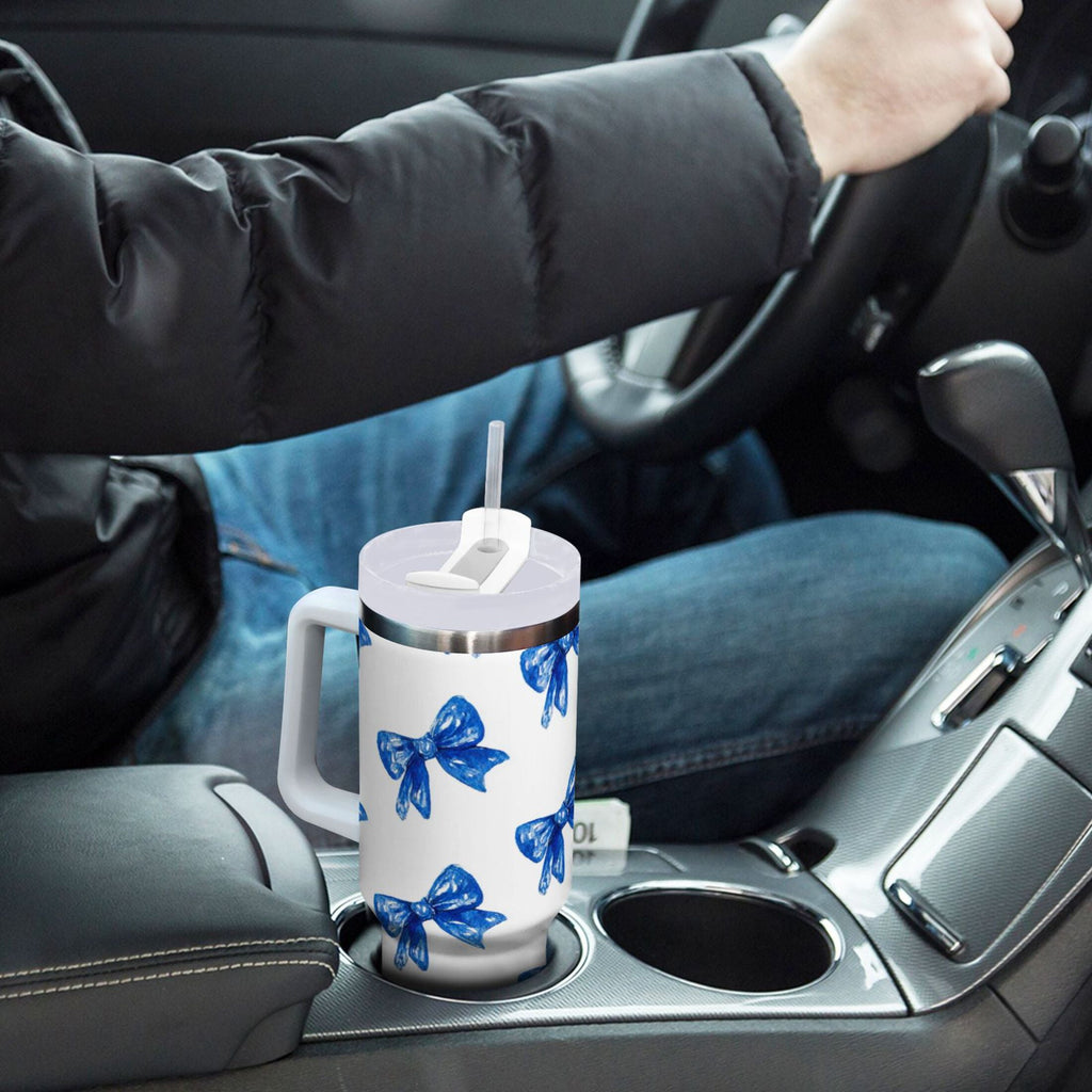 30 oz Insulated Stainless Steel Tumbler Double Wall Stainless Steel Tumbler with 2-Way Drinking Blue Bows Pattern M620U