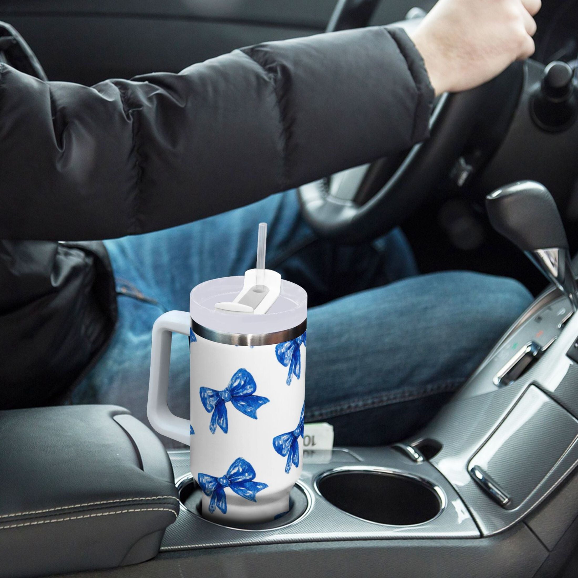 30 oz Insulated Stainless Steel Tumbler Double Wall Stainless Steel Tumbler with 2-Way Drinking Blue Bows Pattern M620U