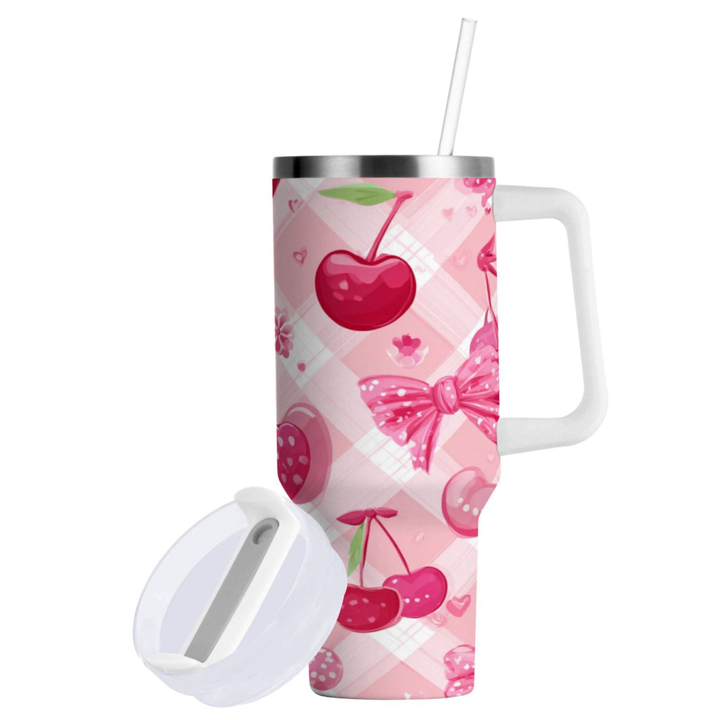 30 oz Insulated Stainless Steel Tumbler Double Wall Stainless Steel Tumbler with 2-Way Drinking Cherry and Pink Bow Pattern M617R