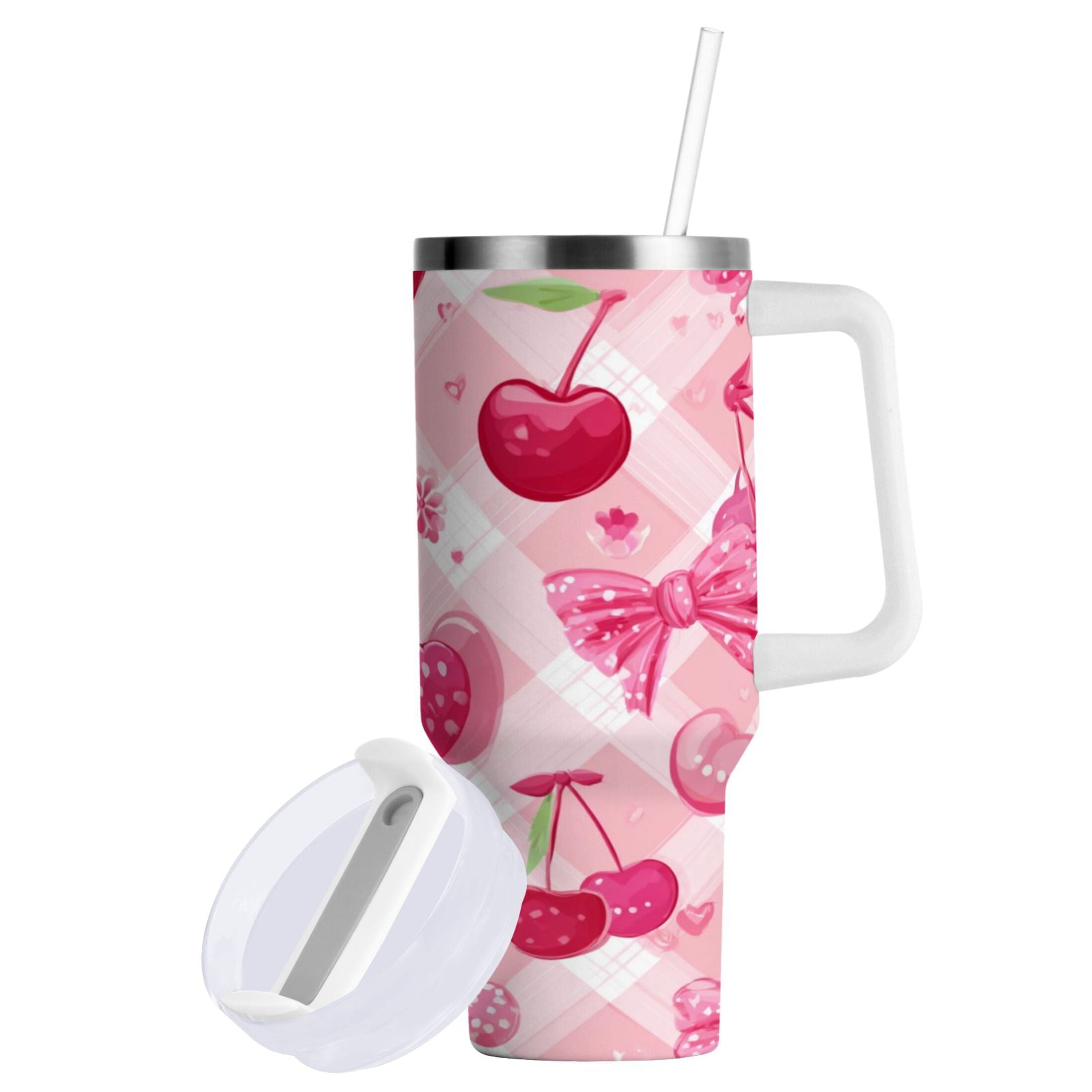 30 oz Insulated Stainless Steel Tumbler Double Wall Stainless Steel Tumbler with 2-Way Drinking Cherry and Pink Bow Pattern M617R
