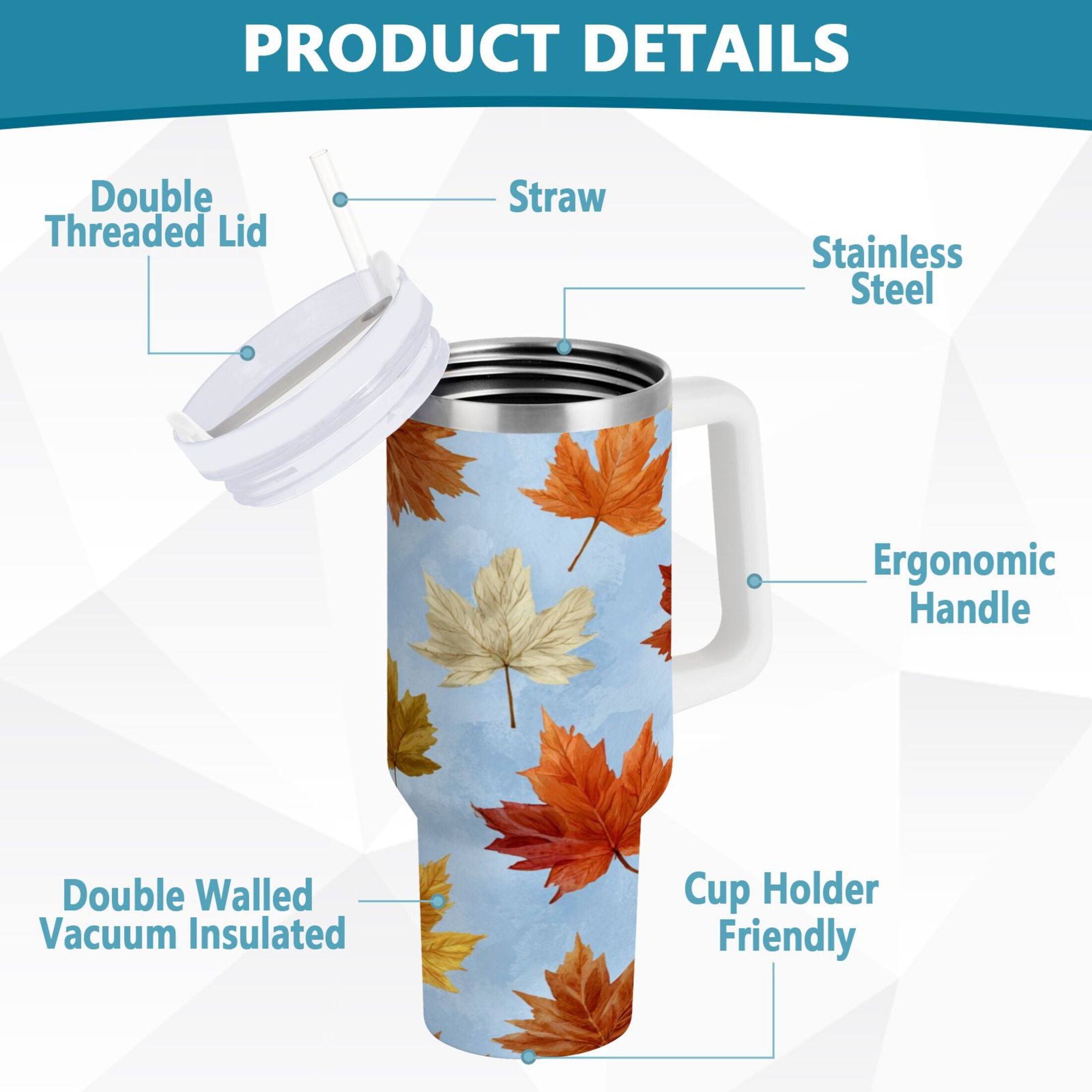 30 oz Insulated Stainless Steel Tumbler Double Wall Stainless Steel Tumbler with 2-Way Drinking Autumn Maple Leaves M641D
