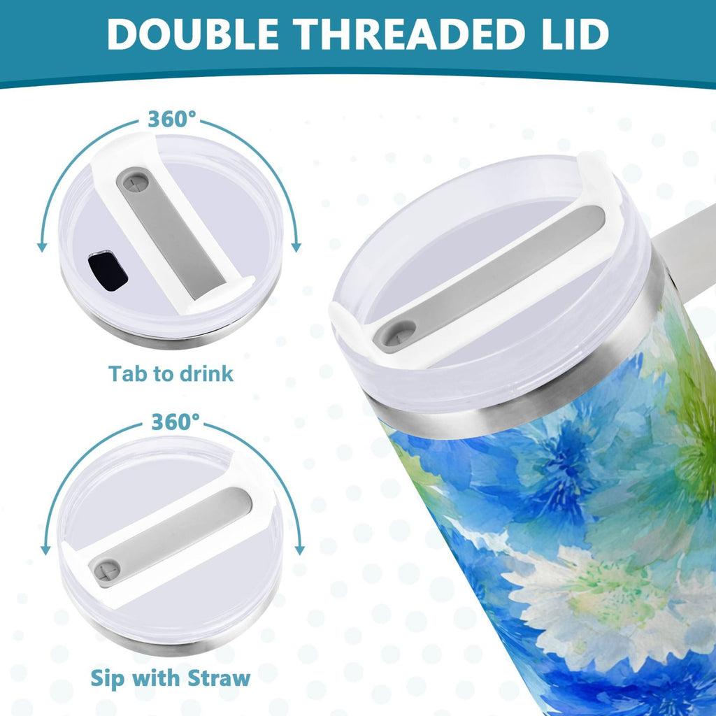 40 oz Insulated Stainless Steel Tumbler Double Wall Stainless Steel Tumbler with 2-Way Drinking Watercolor Blue Cornflowers M567K