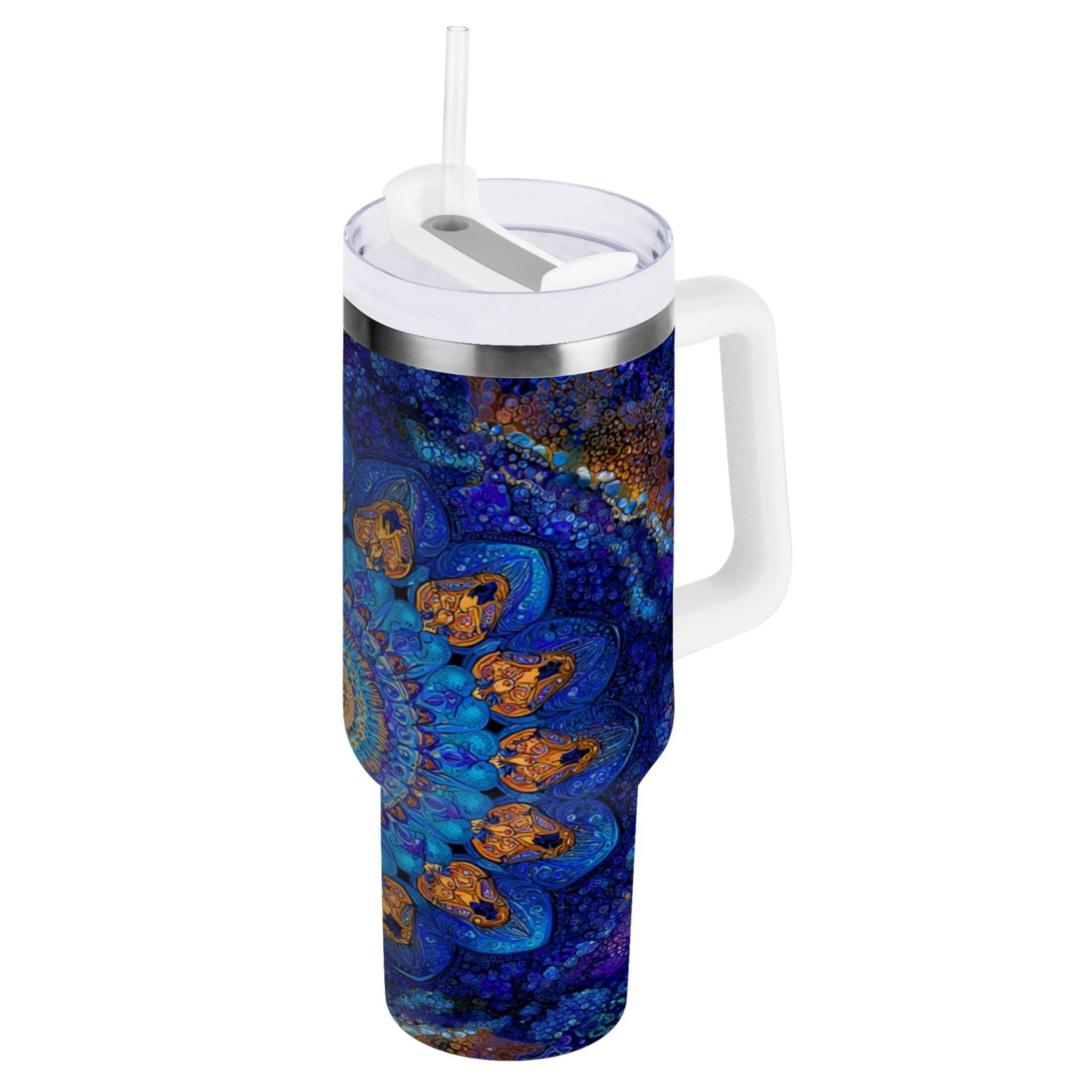 30 oz Insulated Stainless Steel Tumbler Double Wall Stainless Steel Tumbler with 2-Way Drinking Blue Kaleidoscopic Pattern M458N