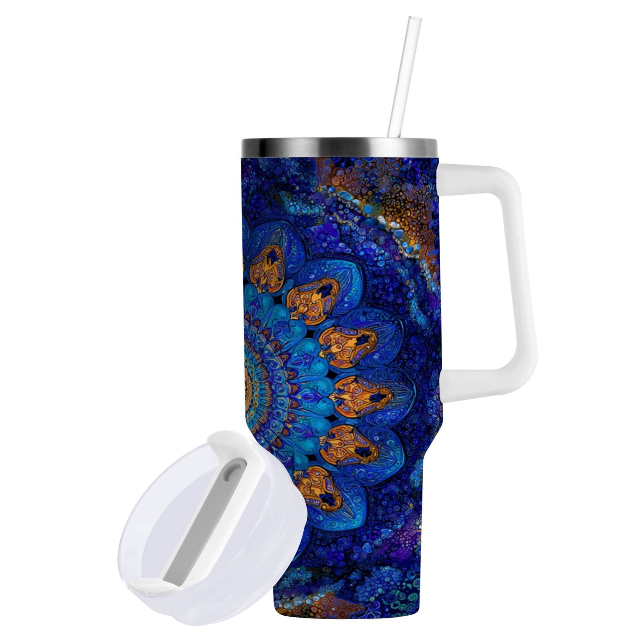 30 oz Insulated Stainless Steel Tumbler Double Wall Stainless Steel Tumbler with 2-Way Drinking Blue Kaleidoscopic Pattern M458N