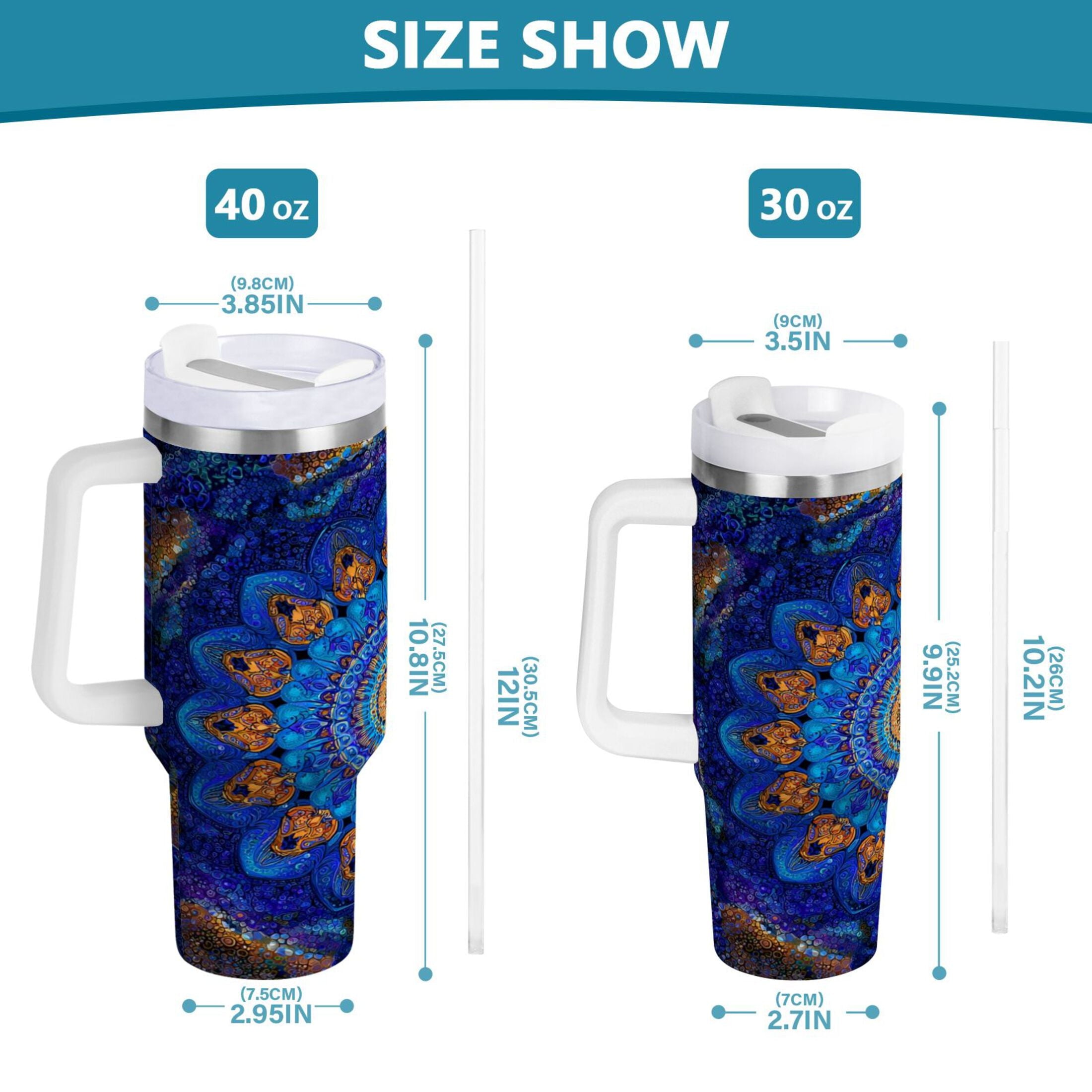 30 oz Insulated Stainless Steel Tumbler Double Wall Stainless Steel Tumbler with 2-Way Drinking Blue Kaleidoscopic Pattern M458N