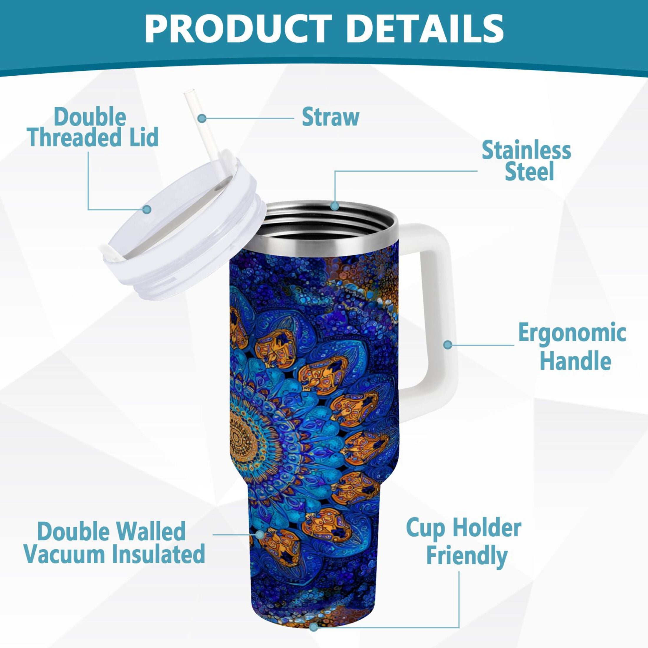 30 oz Insulated Stainless Steel Tumbler Double Wall Stainless Steel Tumbler with 2-Way Drinking Blue Kaleidoscopic Pattern M458N