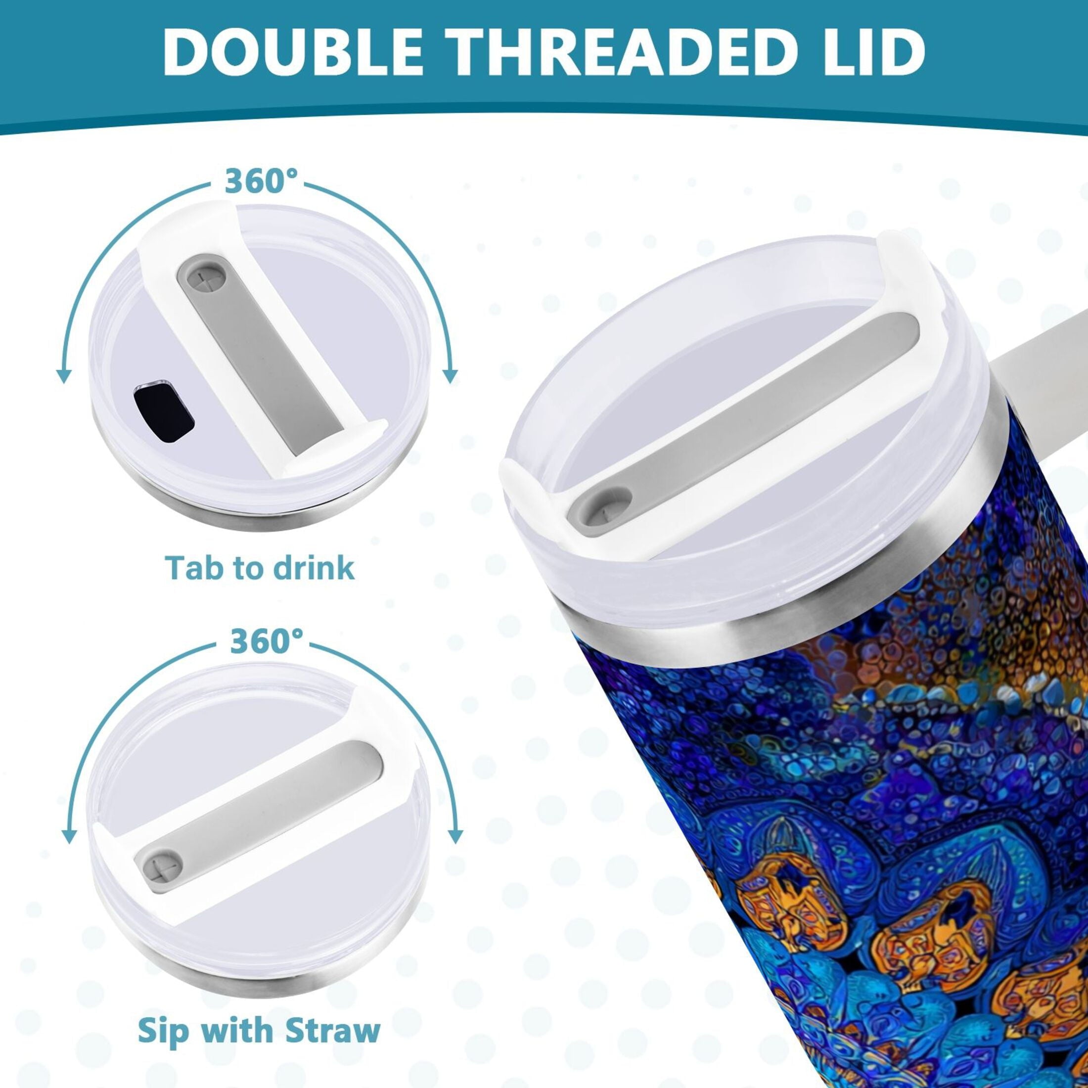 30 oz Insulated Stainless Steel Tumbler Double Wall Stainless Steel Tumbler with 2-Way Drinking Blue Kaleidoscopic Pattern M458N