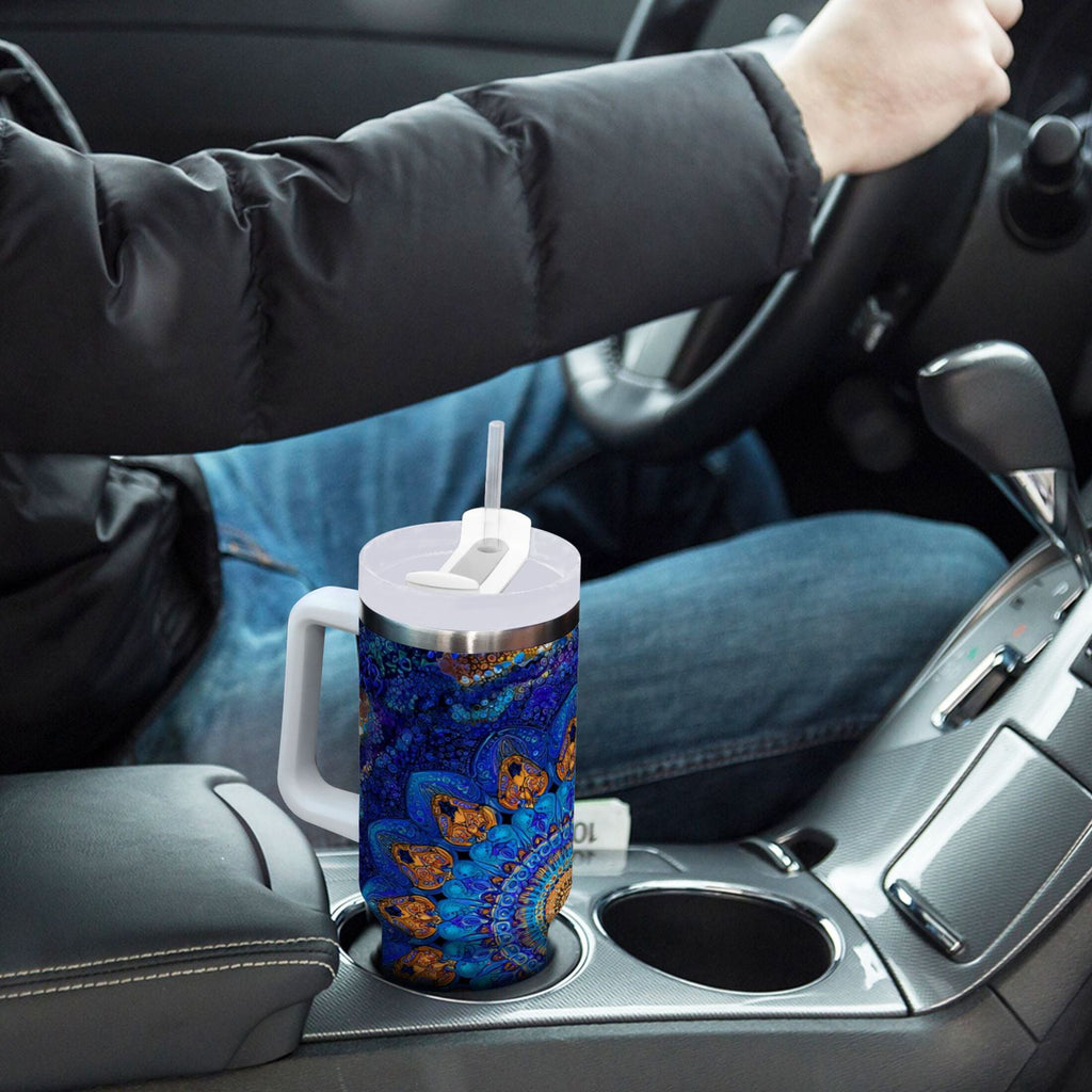 30 oz Insulated Stainless Steel Tumbler Double Wall Stainless Steel Tumbler with 2-Way Drinking Blue Kaleidoscopic Pattern M458N