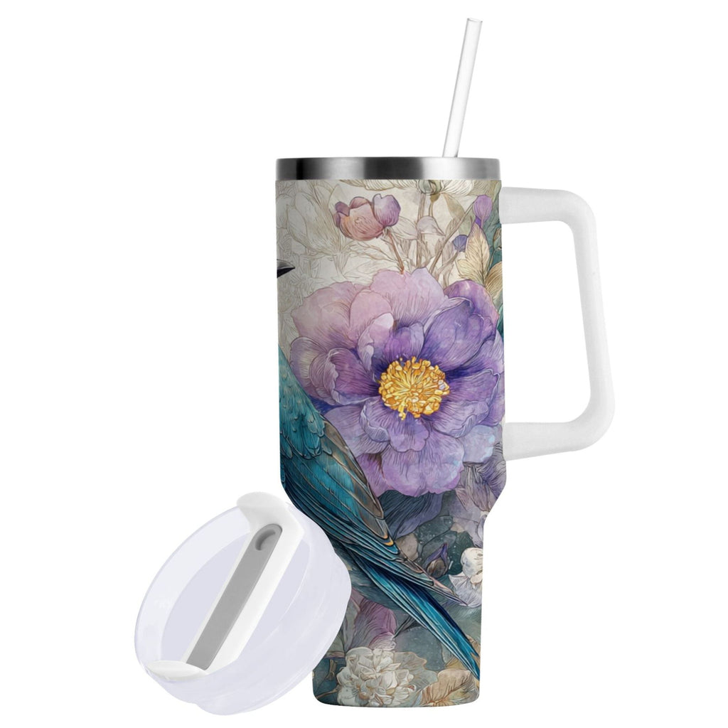 30 oz Insulated Stainless Steel Tumbler Double Wall Stainless Steel Tumbler with 2-Way Drinking Bluebird and Flower M538S
