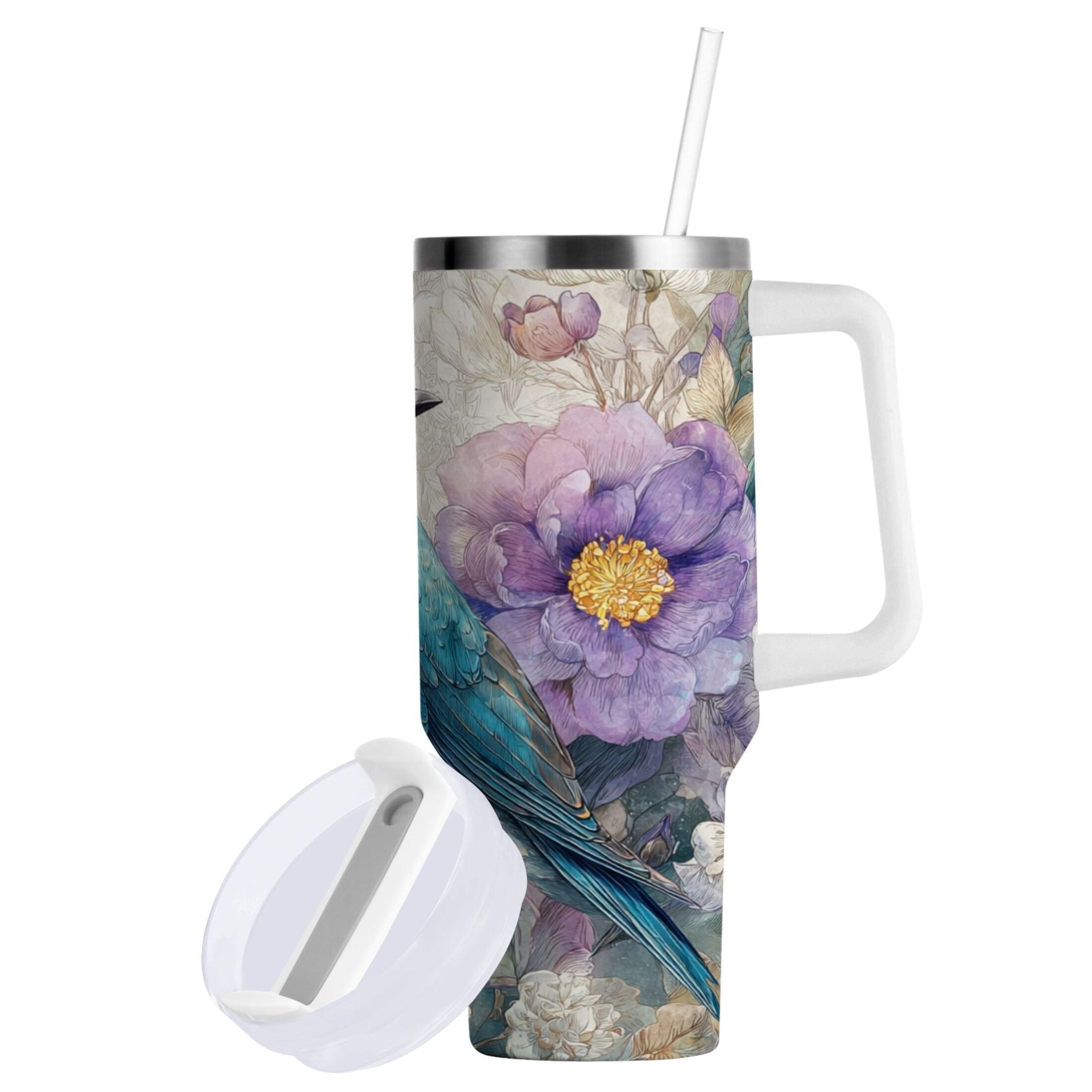30 oz Insulated Stainless Steel Tumbler Double Wall Stainless Steel Tumbler with 2-Way Drinking Bluebird and Flower M538S