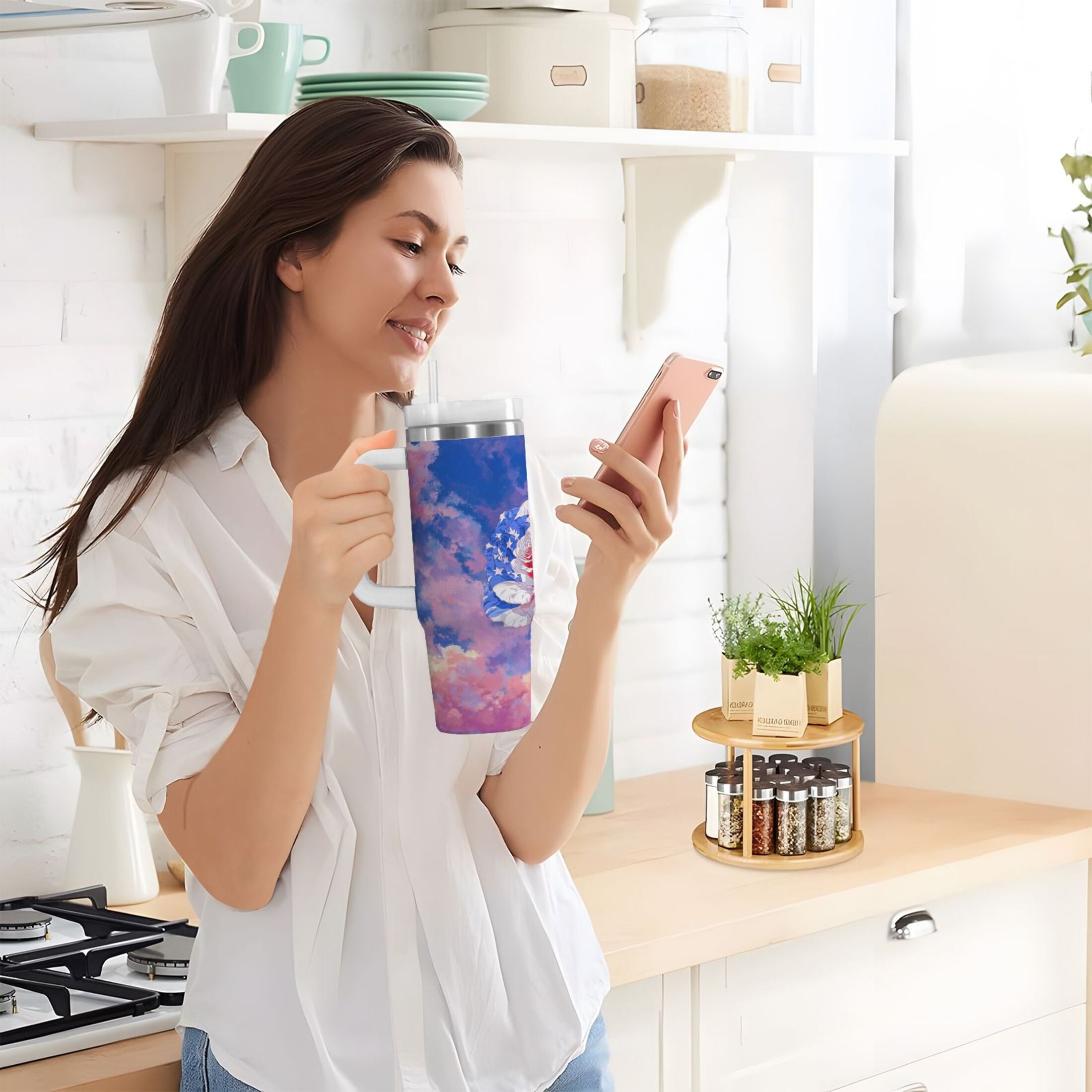 30 oz Insulated Stainless Steel Tumbler Double Wall Stainless Steel Tumbler with 2-Way Drinking Rose with Flag Pattern M547V