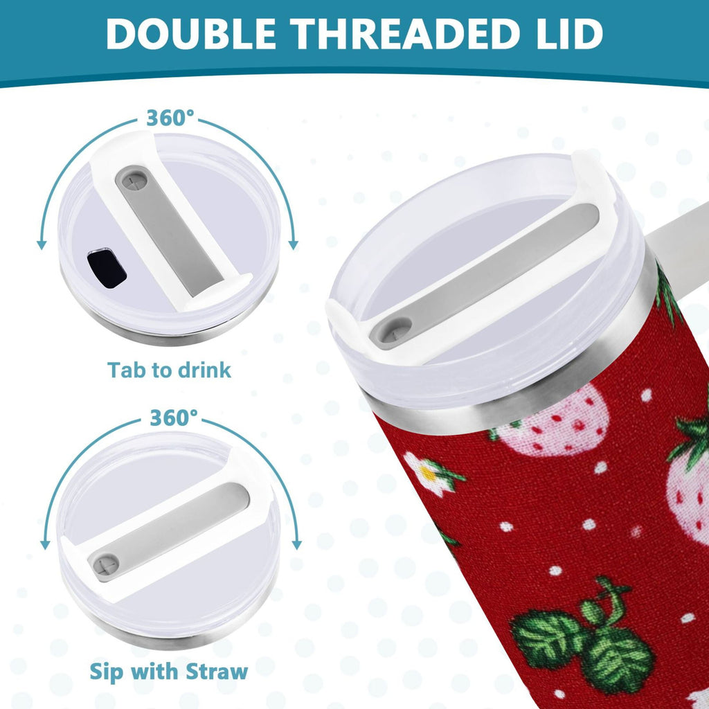 30 oz Insulated Stainless Steel Tumbler Double Wall Stainless Steel Tumbler with 2-Way Drinking Cute Pink Strawberry Pattern M630S