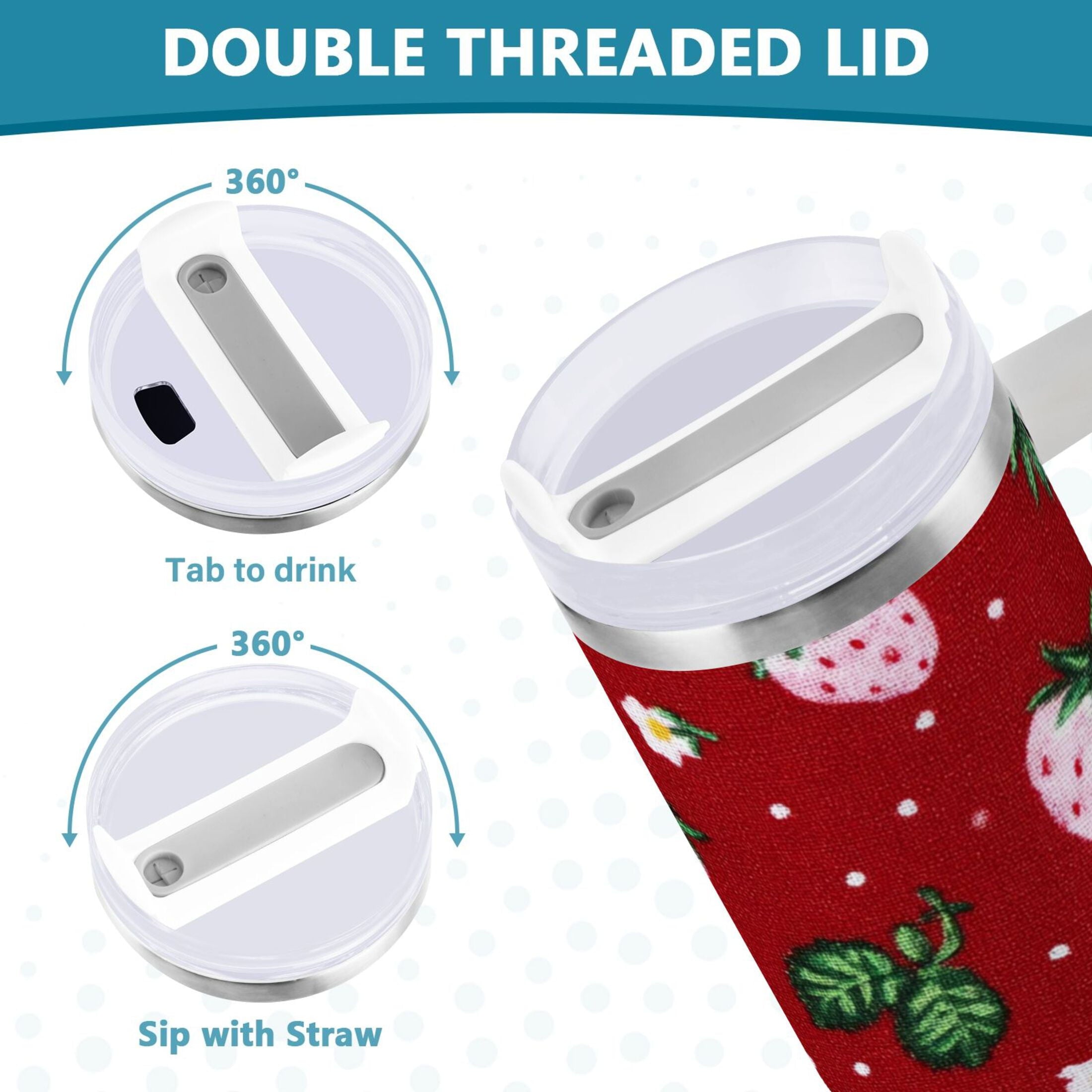 30 oz Insulated Stainless Steel Tumbler Double Wall Stainless Steel Tumbler with 2-Way Drinking Cute Pink Strawberry Pattern M630S