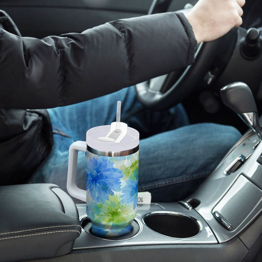 40 oz Insulated Stainless Steel Tumbler Double Wall Stainless Steel Tumbler with 2-Way Drinking Watercolor Blue Cornflowers M567K