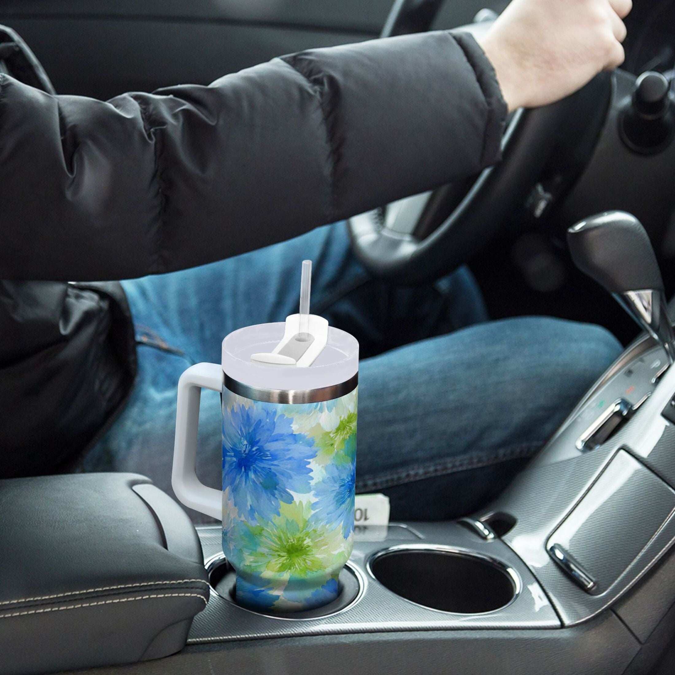 40 oz Insulated Stainless Steel Tumbler Double Wall Stainless Steel Tumbler with 2-Way Drinking Watercolor Blue Cornflowers M567K