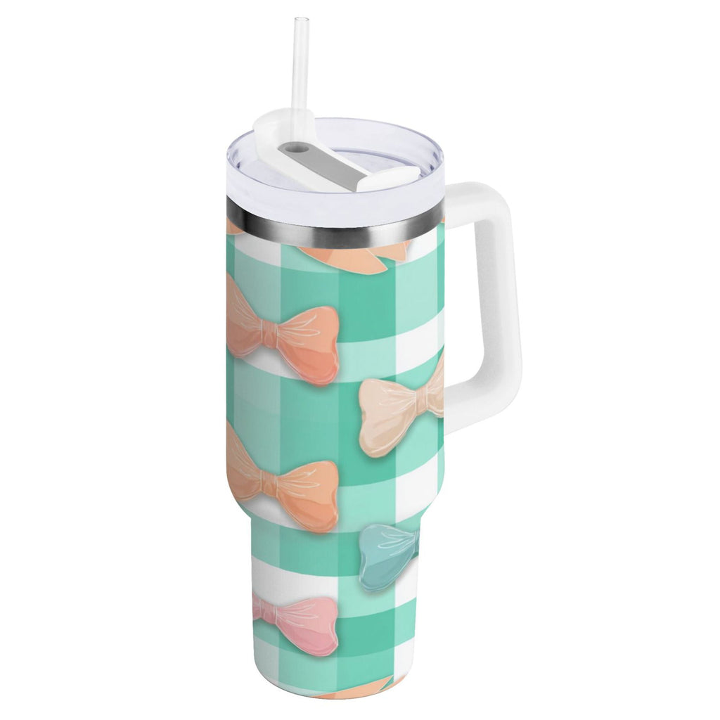 40 oz Insulated Stainless Steel Tumbler Double Wall Stainless Steel Tumbler with 2-Way Drinking Pastel Green and Peach Bows M494M