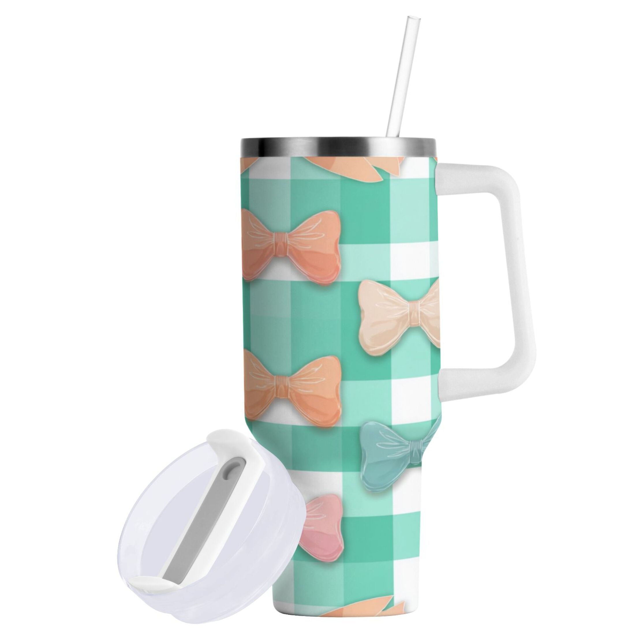 40 oz Insulated Stainless Steel Tumbler Double Wall Stainless Steel Tumbler with 2-Way Drinking Pastel Green and Peach Bows M494M