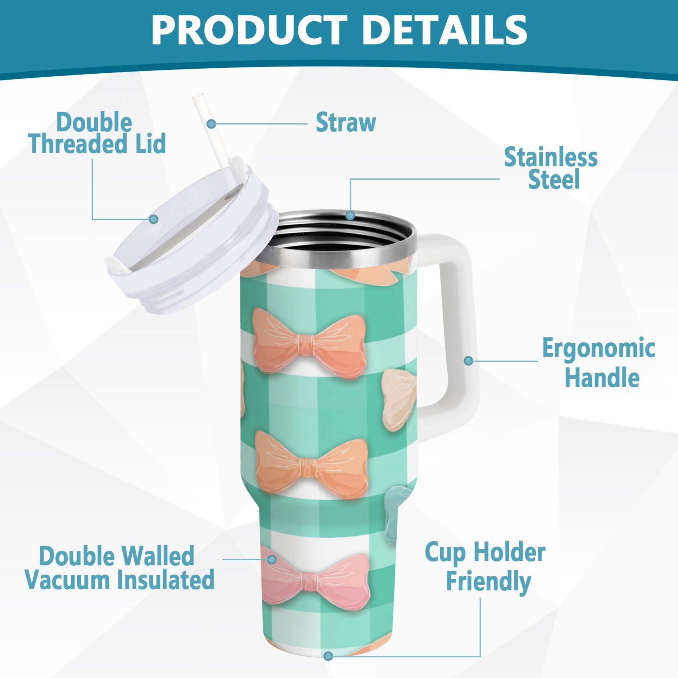 40 oz Insulated Stainless Steel Tumbler Double Wall Stainless Steel Tumbler with 2-Way Drinking Pastel Green and Peach Bows M494M