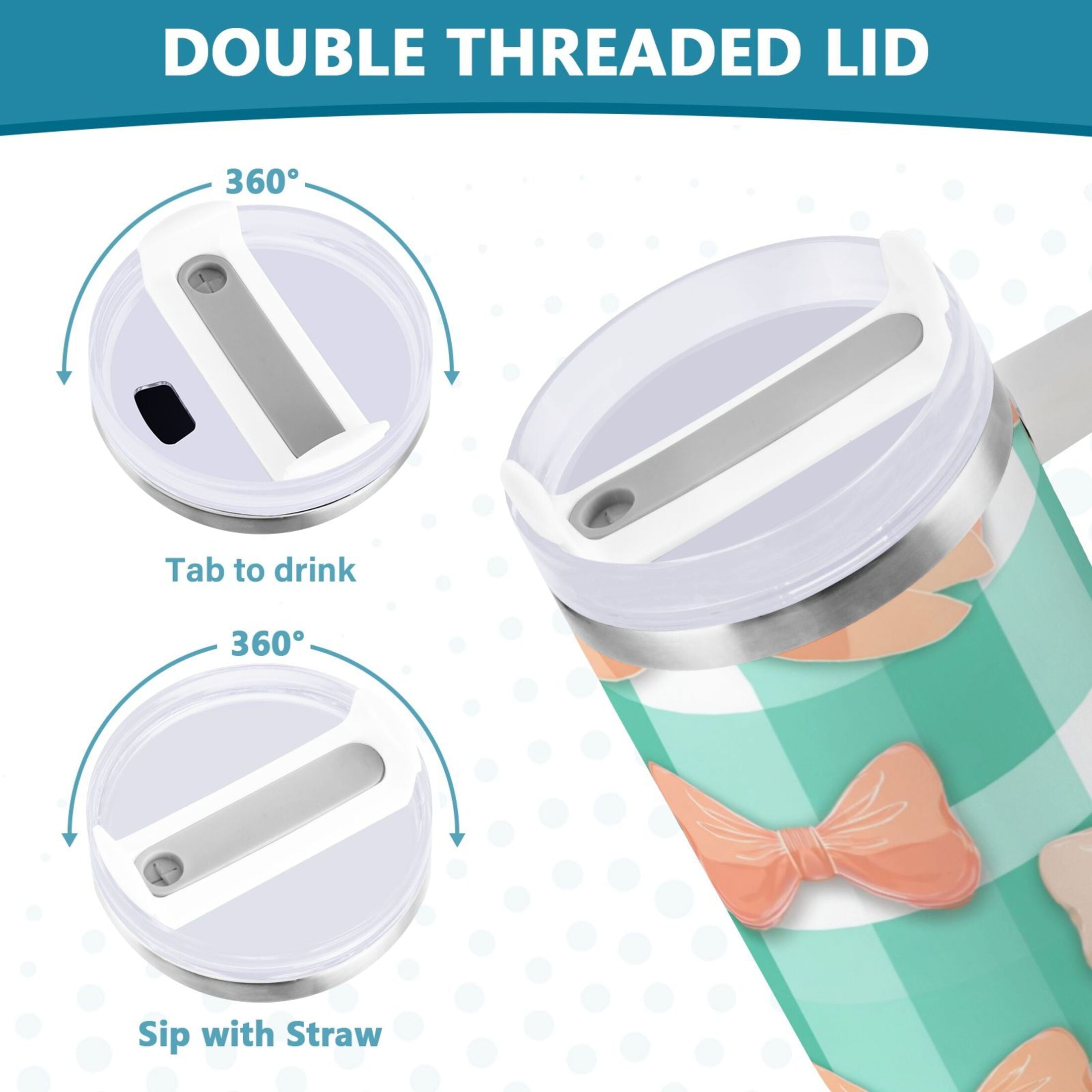 40 oz Insulated Stainless Steel Tumbler Double Wall Stainless Steel Tumbler with 2-Way Drinking Pastel Green and Peach Bows M494M