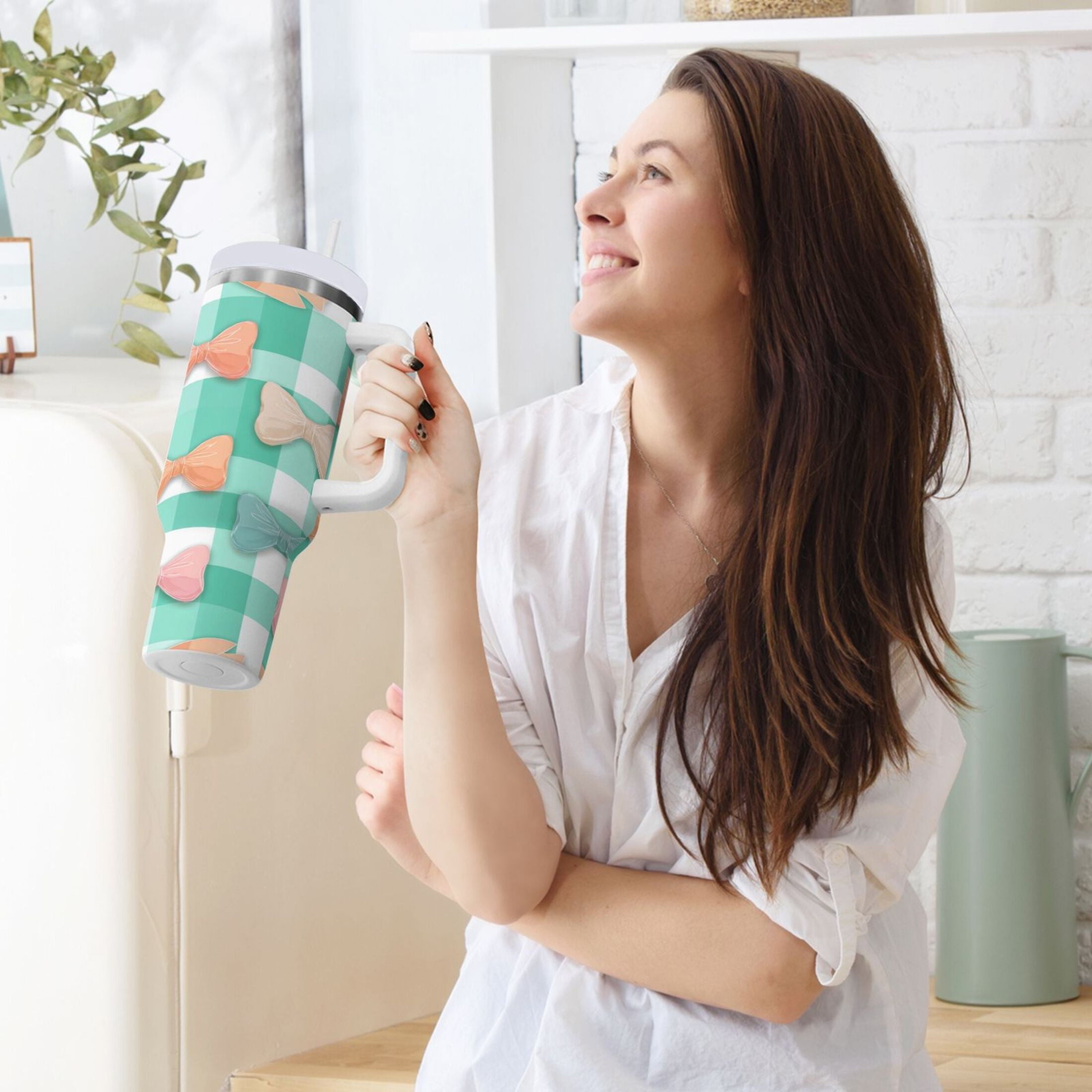 40 oz Insulated Stainless Steel Tumbler Double Wall Stainless Steel Tumbler with 2-Way Drinking Pastel Green and Peach Bows M494M