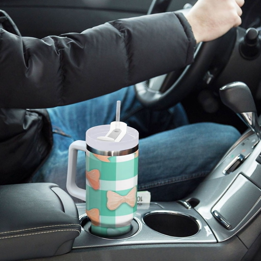 40 oz Insulated Stainless Steel Tumbler Double Wall Stainless Steel Tumbler with 2-Way Drinking Pastel Green and Peach Bows M494M