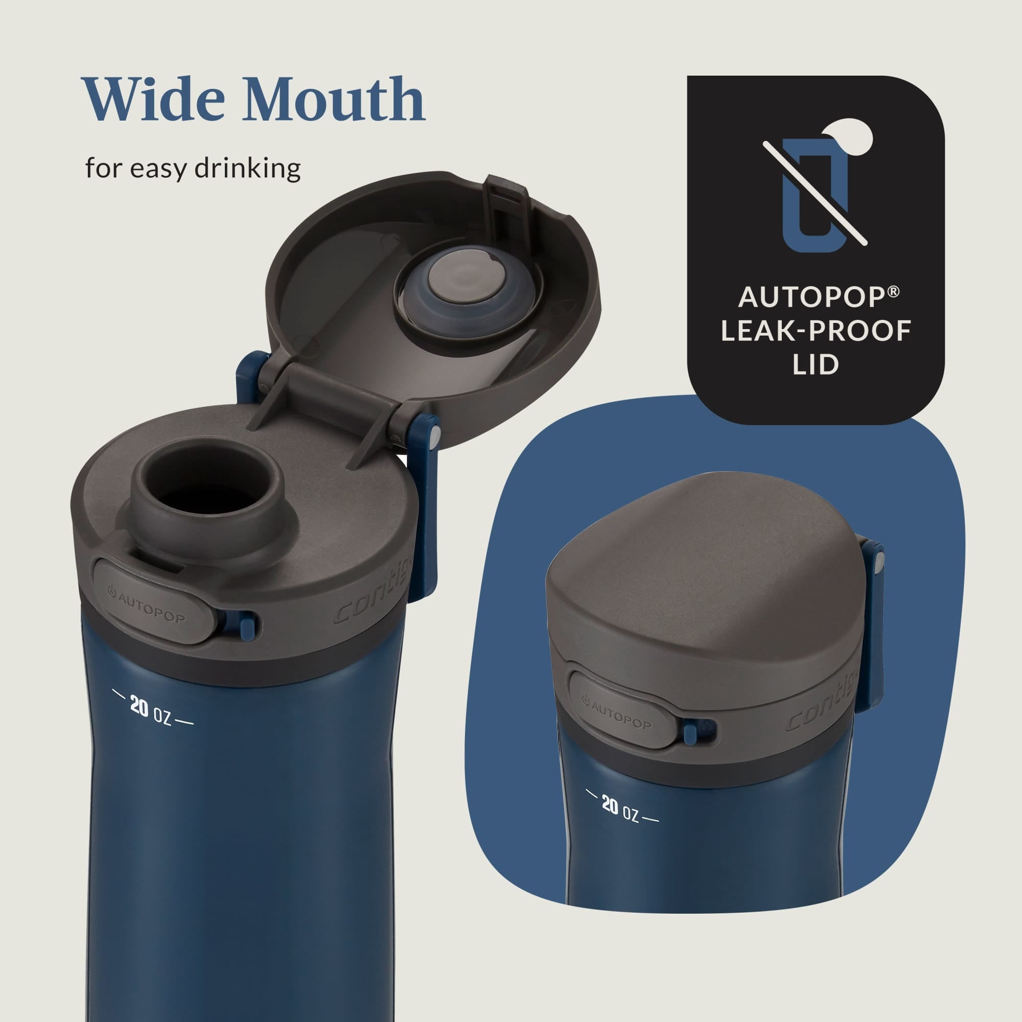 Contigo Jackson Chill Bundle 2 Water Bottles Black 24oz and Blueberry 20oz with Autopop Lid M88A