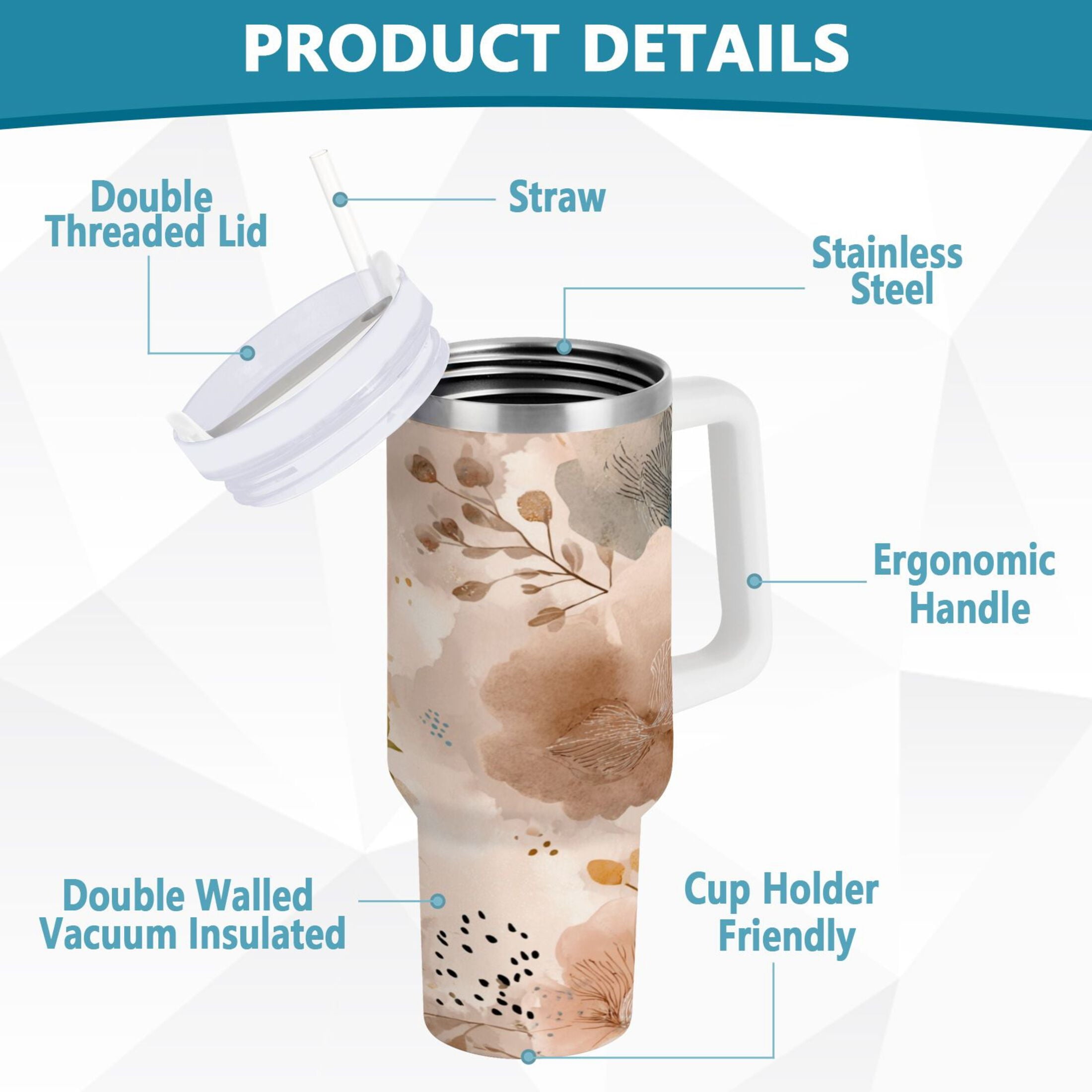30 oz Insulated Stainless Steel Tumbler Double Wall Stainless Steel Tumbler with 2-Way Drinking Hazy Ethereal Flowers M445Z