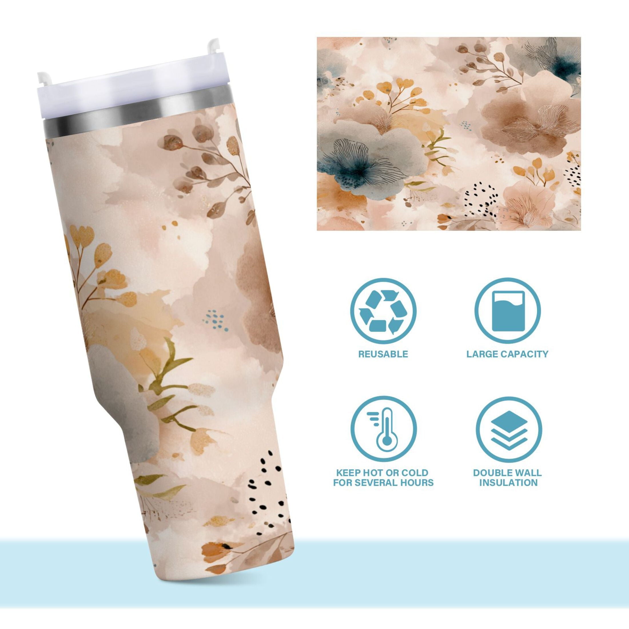 30 oz Insulated Stainless Steel Tumbler Double Wall Stainless Steel Tumbler with 2-Way Drinking Hazy Ethereal Flowers M445Z