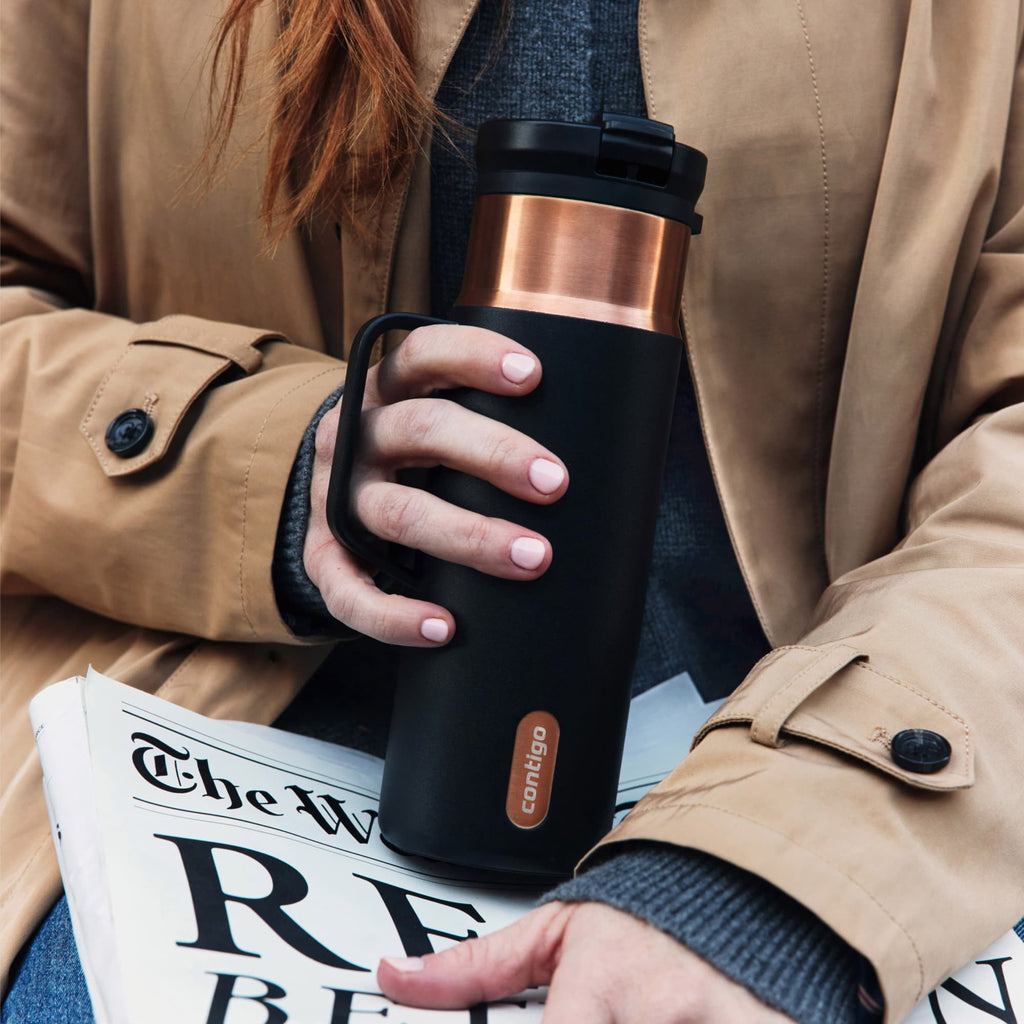 Contigo SnapSeal Leakproof Stainless Steel Reusable Water Bottle Tumbler with Side Handle, Dark Blue/Bronze, 20 oz M33J