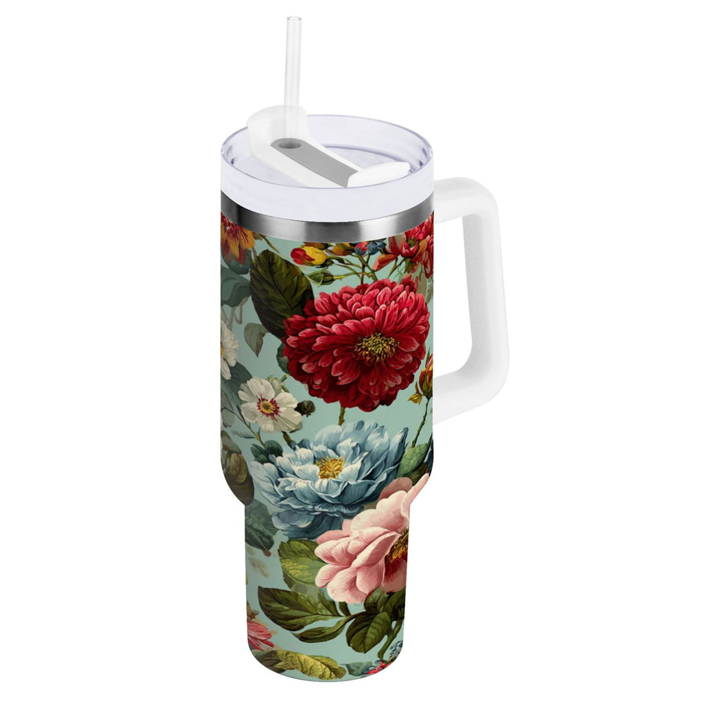40 oz Insulated Stainless Steel Tumbler Double Wall Stainless Steel Tumbler with 2-Way Drinking Floral Pattern with Roses M485G