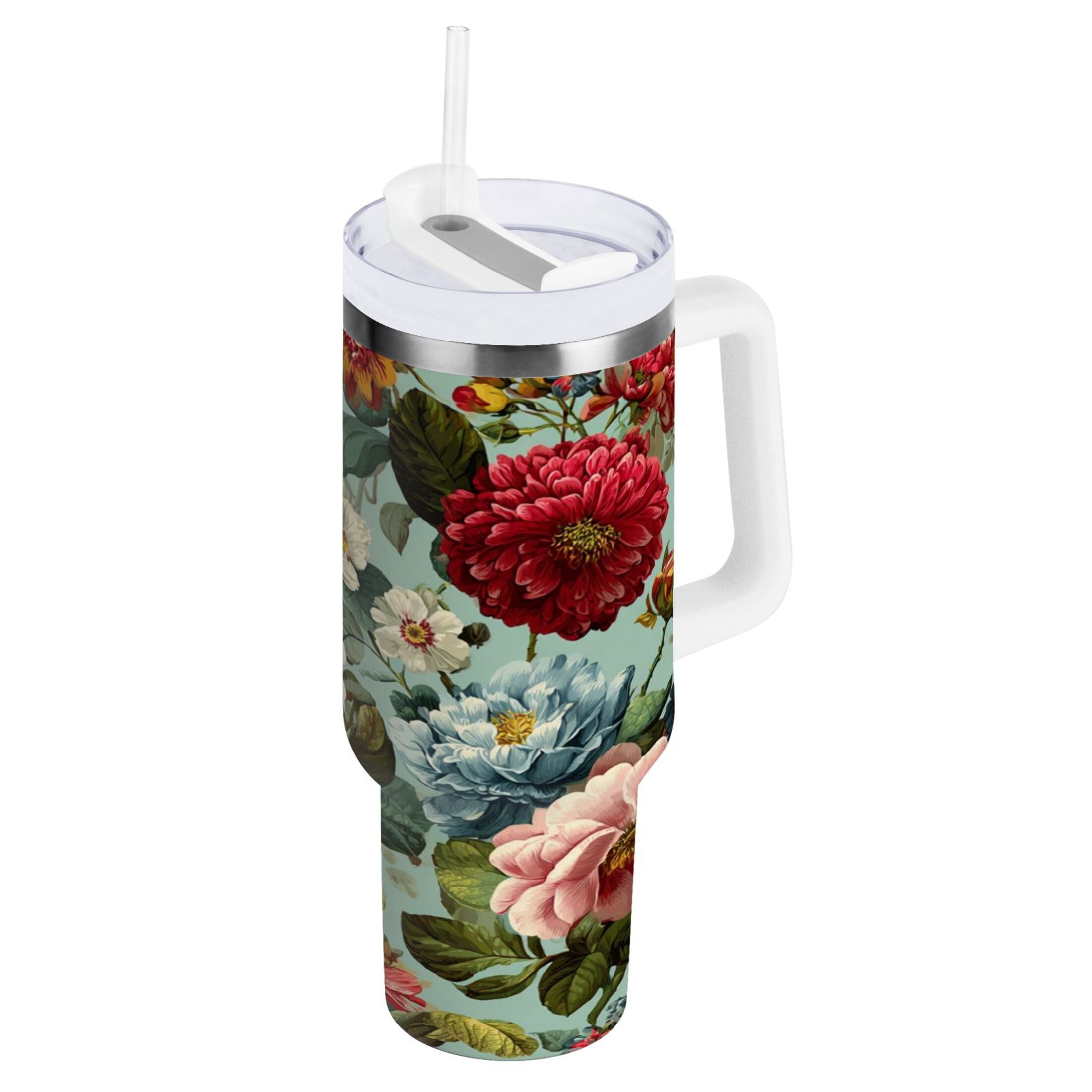40 oz Insulated Stainless Steel Tumbler Double Wall Stainless Steel Tumbler with 2-Way Drinking Floral Pattern with Roses M485G