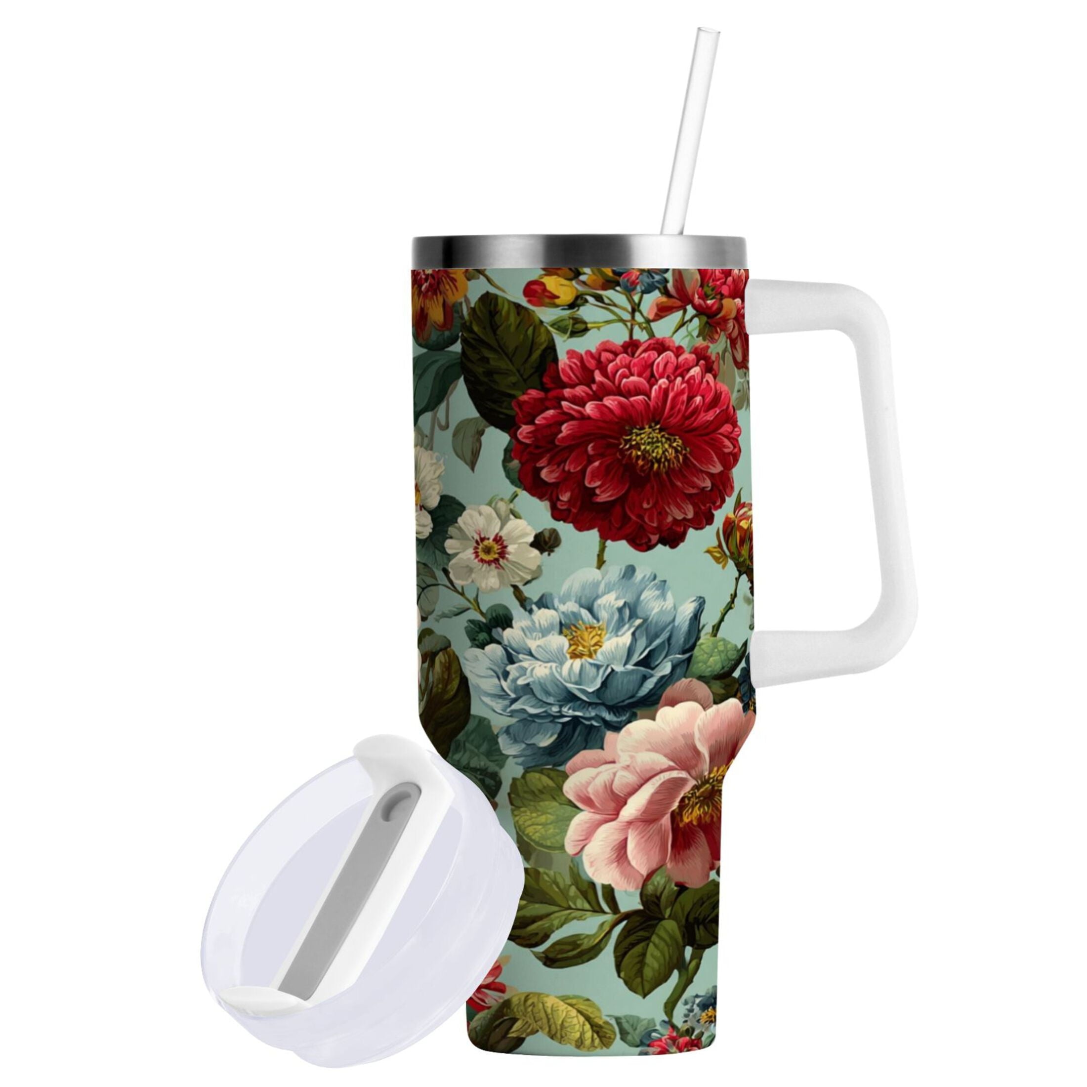 40 oz Insulated Stainless Steel Tumbler Double Wall Stainless Steel Tumbler with 2-Way Drinking Floral Pattern with Roses M485G