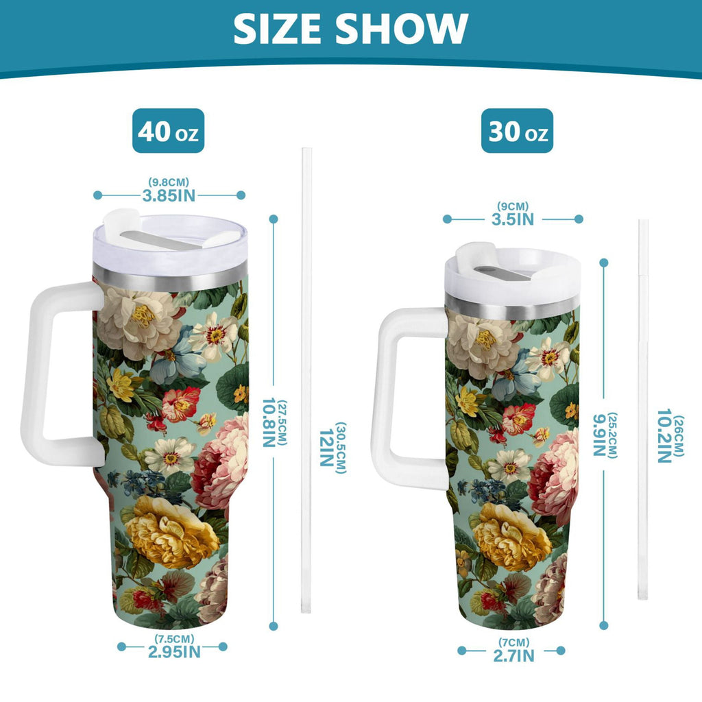 40 oz Insulated Stainless Steel Tumbler Double Wall Stainless Steel Tumbler with 2-Way Drinking Floral Pattern with Roses M485G