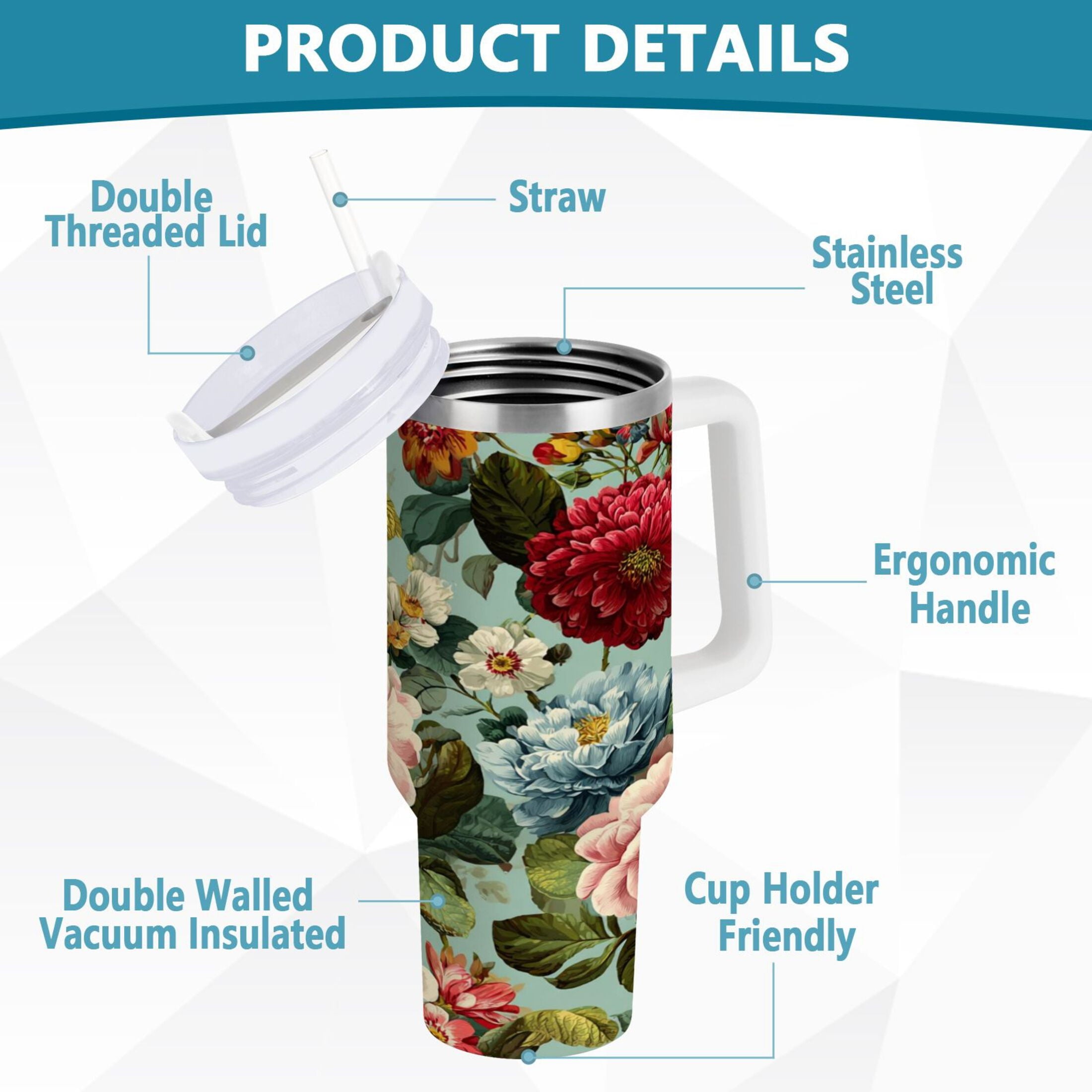 40 oz Insulated Stainless Steel Tumbler Double Wall Stainless Steel Tumbler with 2-Way Drinking Floral Pattern with Roses M485G