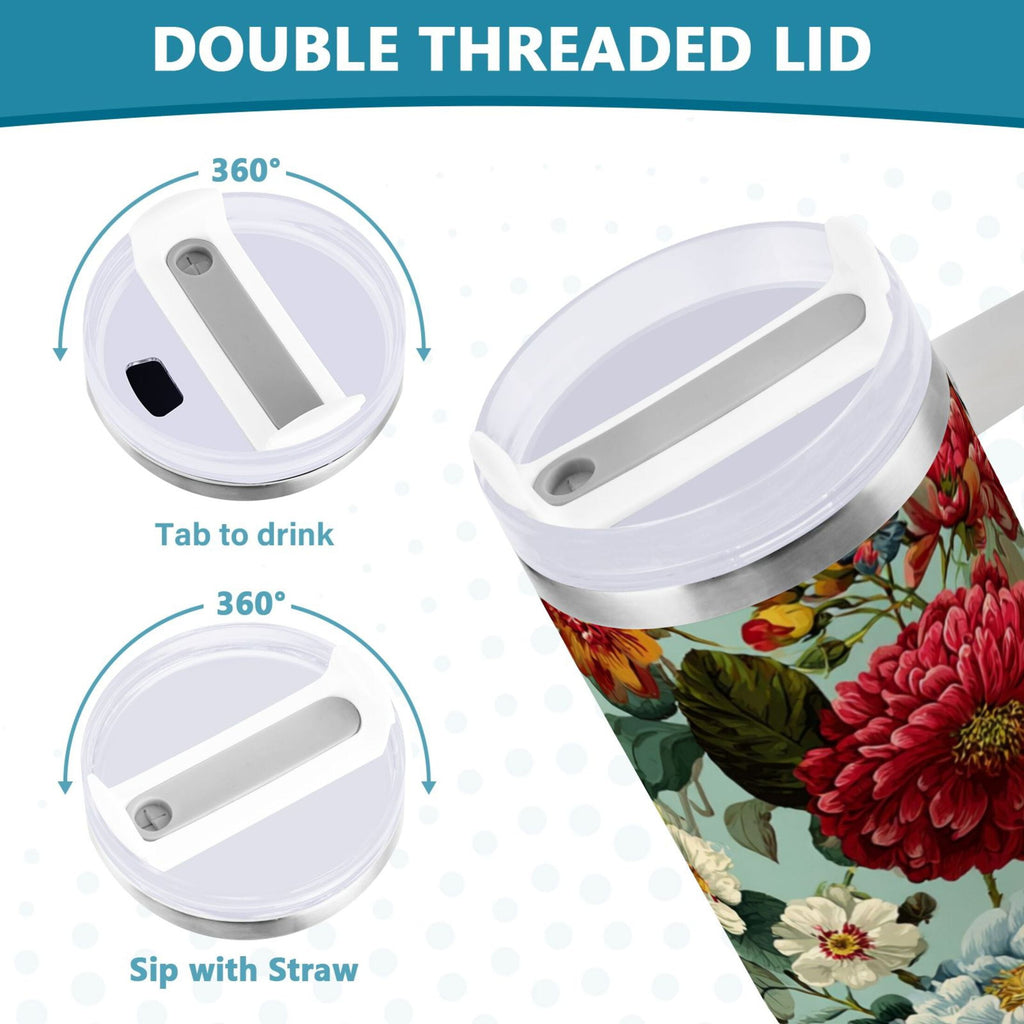 40 oz Insulated Stainless Steel Tumbler Double Wall Stainless Steel Tumbler with 2-Way Drinking Floral Pattern with Roses M485G
