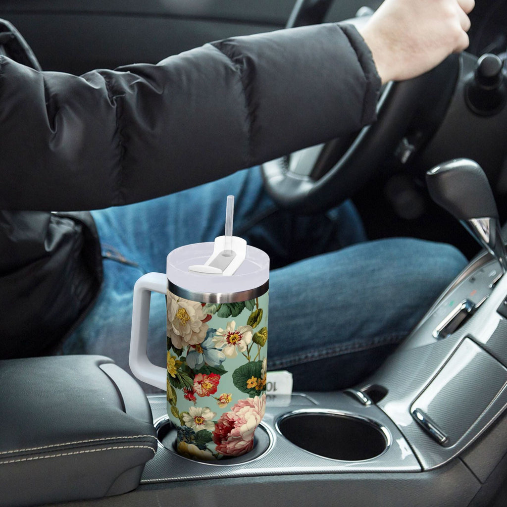 40 oz Insulated Stainless Steel Tumbler Double Wall Stainless Steel Tumbler with 2-Way Drinking Floral Pattern with Roses M485G