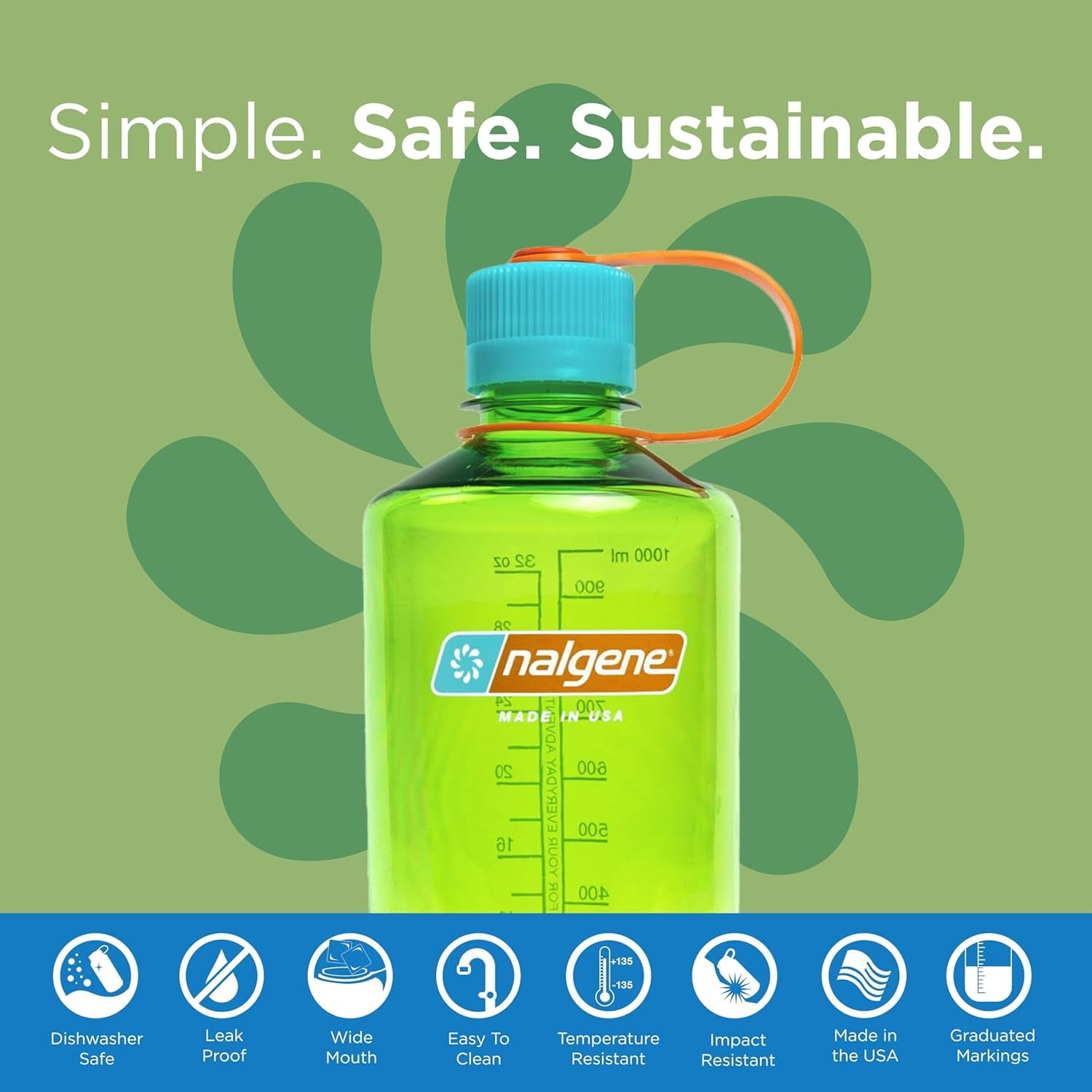 Nalgene Sustain Tritan BPA-Free Water Bottle Made with Material Derived from 50% Plastic Waste, 32 OZ, Narrow Mouth, Pear M153Z