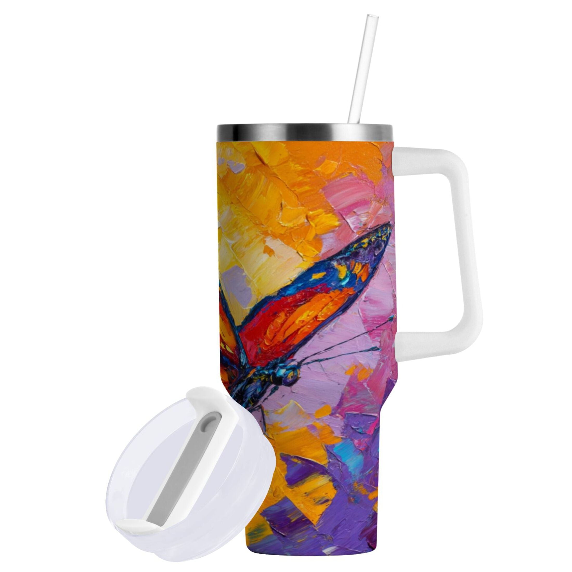 30 oz Insulated Stainless Steel Tumbler Double Wall Stainless Steel Tumbler with 2-Way Drinking Colorful Butterfly Flying M473J